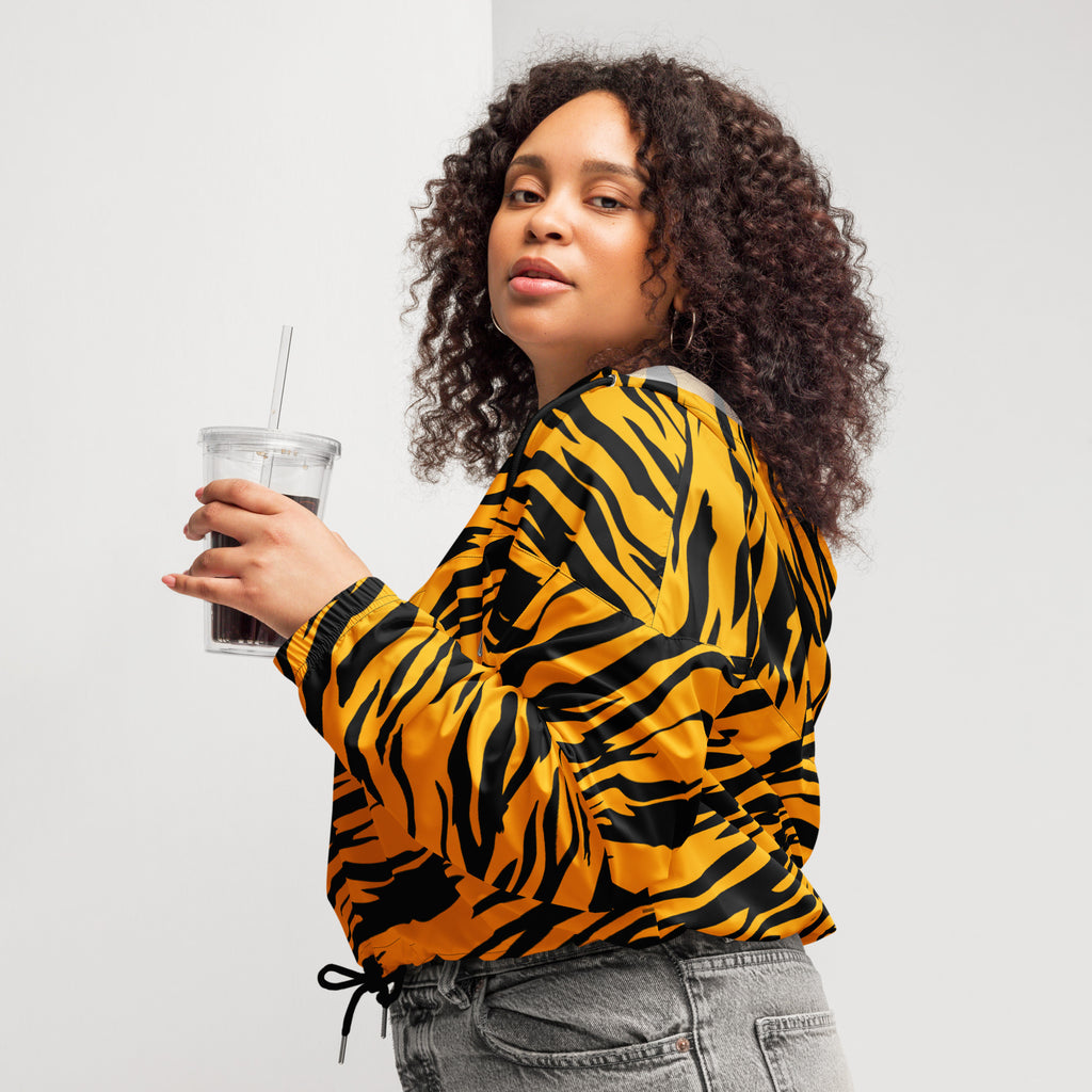 Women’s vibrant yellow and black tiger stripe cropped bomber jacket with satin finish lightweight and water resistant