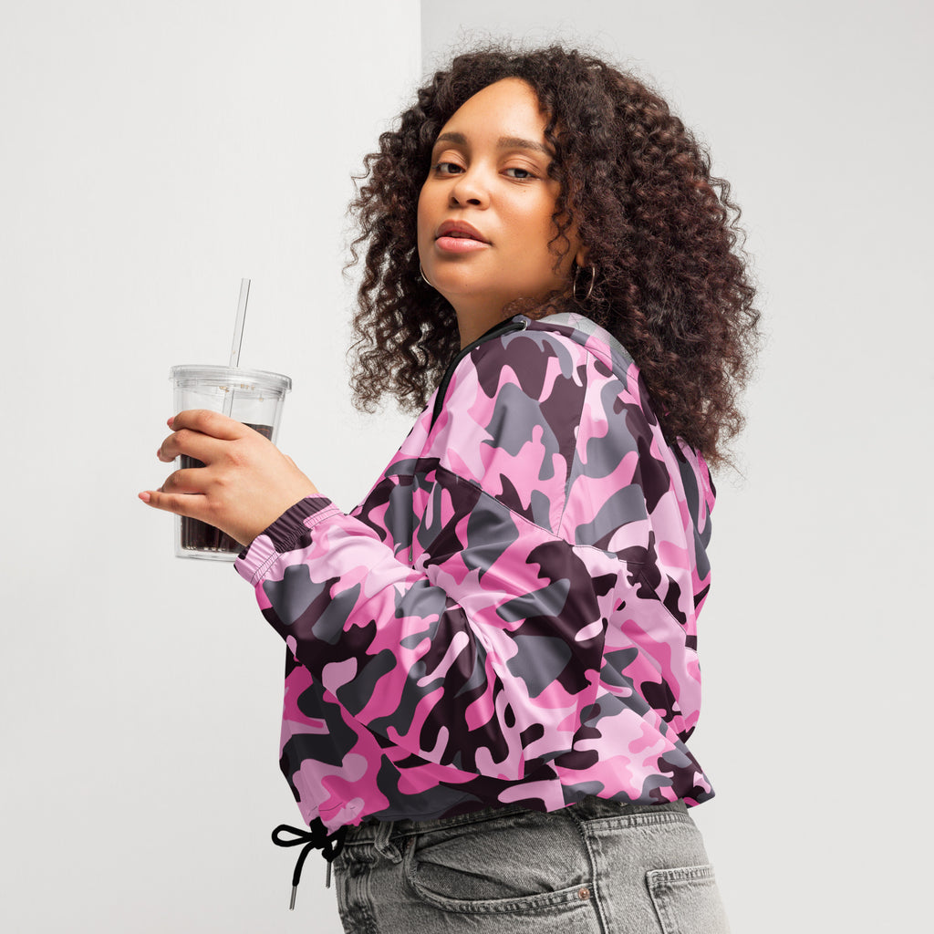 Women’s pink and black camouflage cropped windbreaker jacket with ribbed cuffs and drawstring waist front view