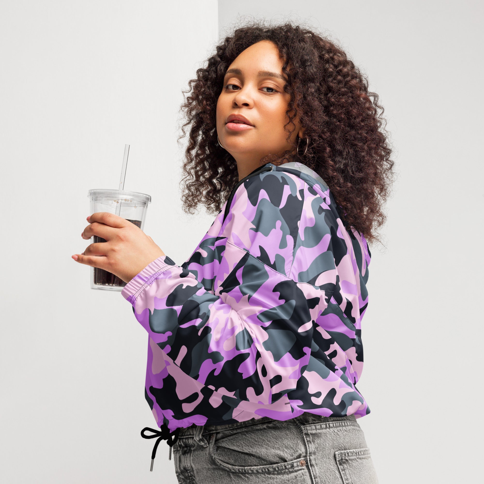Women’s vibrant purple and black camouflage patterned bomber jacket with drawstring waist lightweight and water resistant