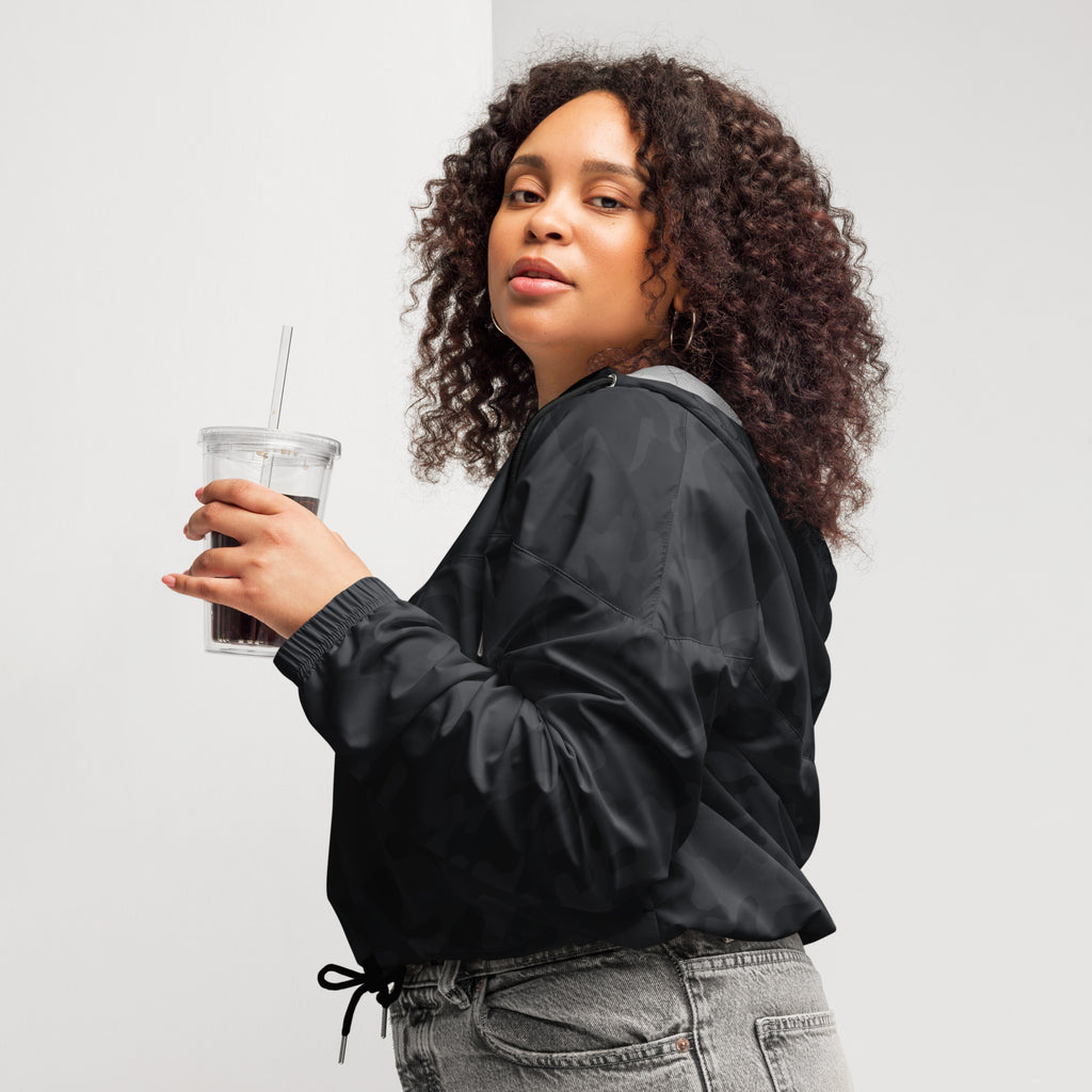 Women’s black satin bomber jacket with drawstring waist for a lightweight cropped windbreaker look