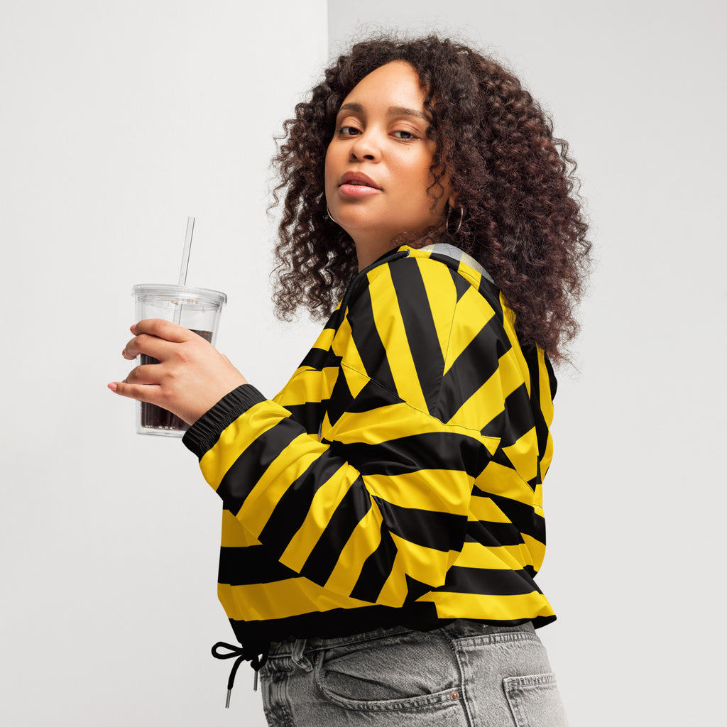 Women’s bumblebee stripe cropped windbreaker in yellow and black nylon with lightweight water resistant fabric and adjustable hood