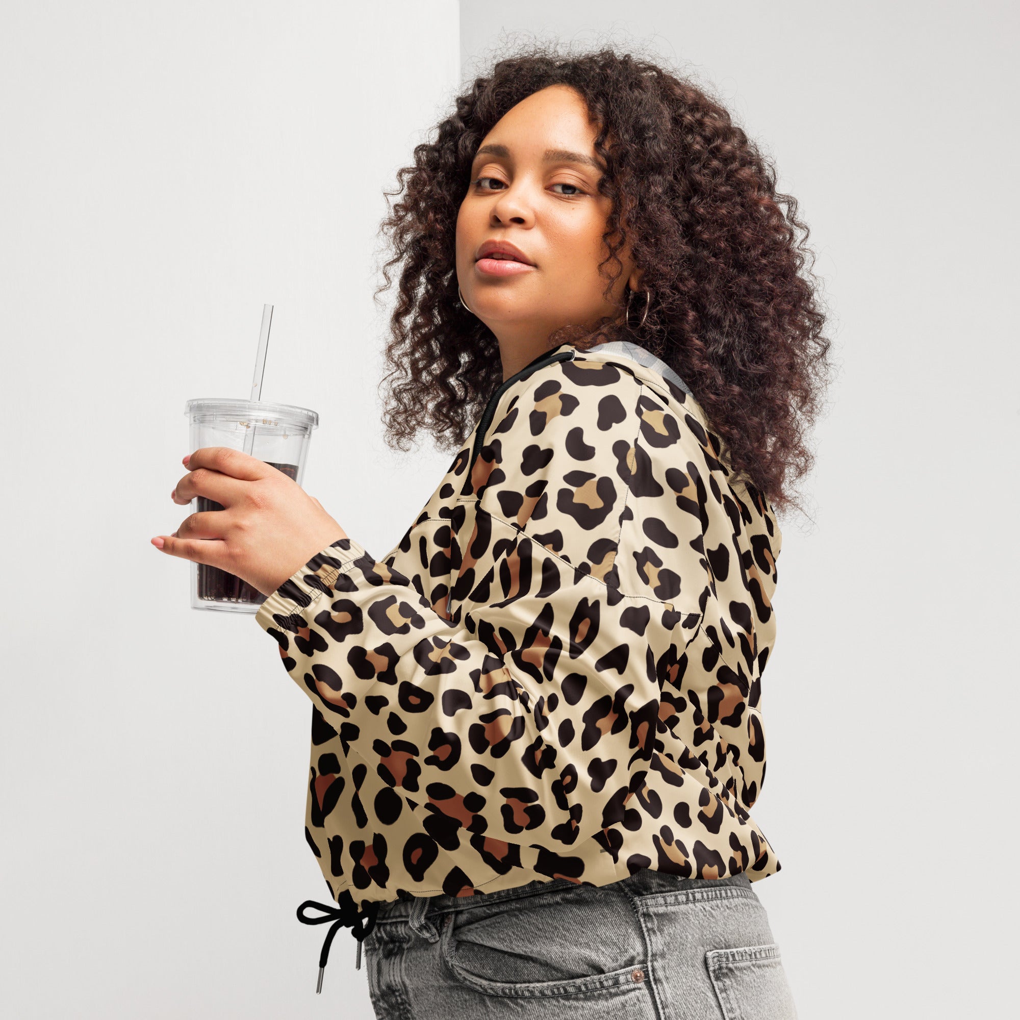 Beige and brown leopard print cropped windbreaker bomber jacket with drawstring waist lightweight and water resistant