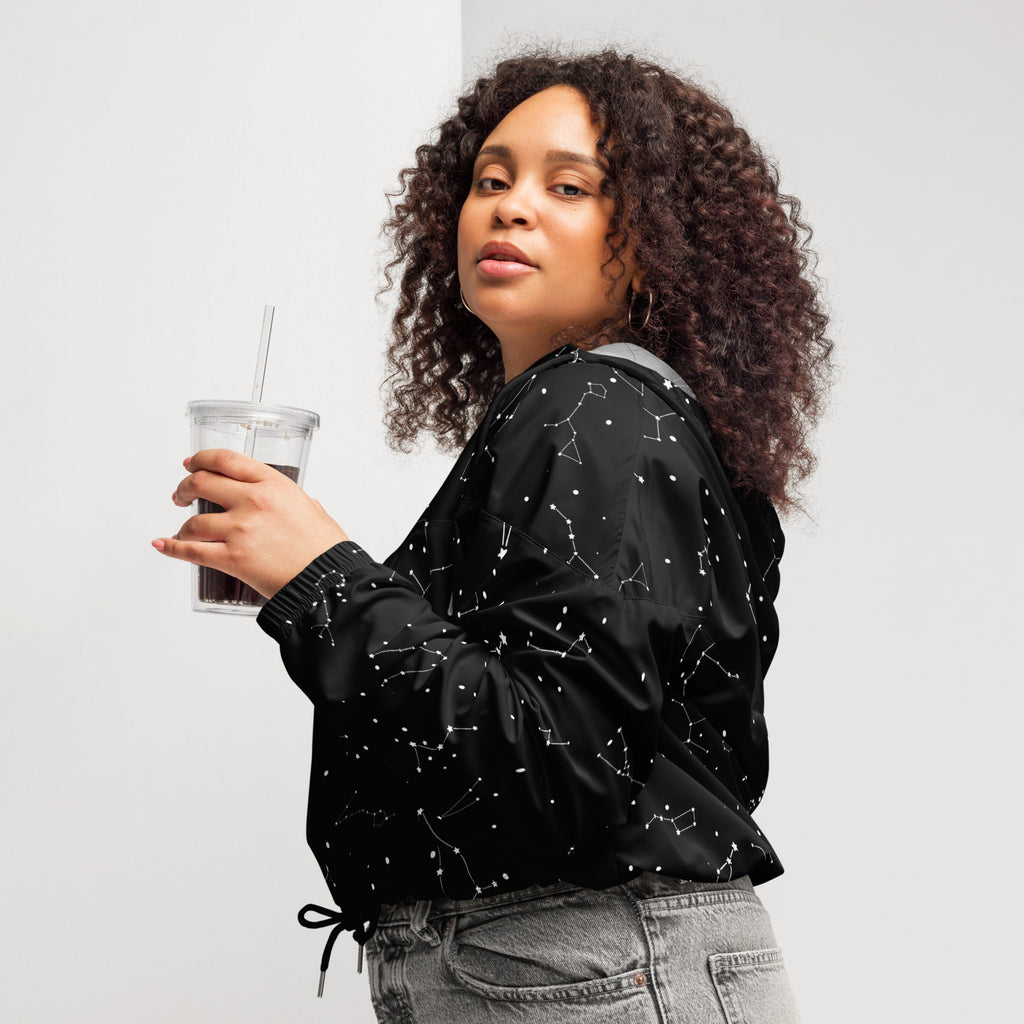 Women’s black bomber jacket with white constellation patterns lightweight water resistant with adjustable hood and pockets