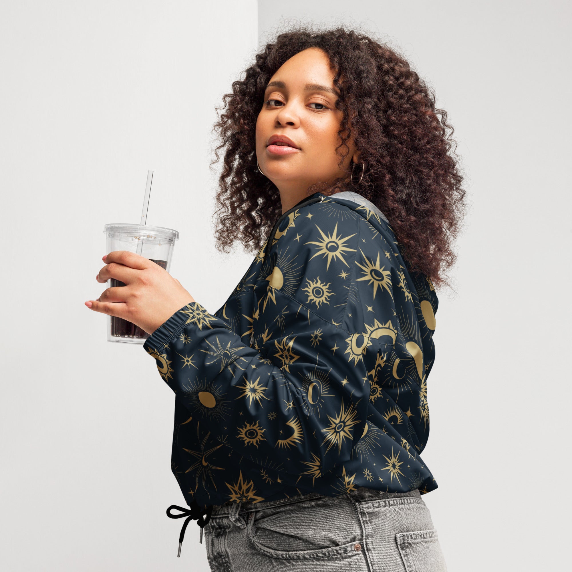 Dark blue women’s celestial sun and moon cropped bomber jacket with gold pattern lightweight windbreaker