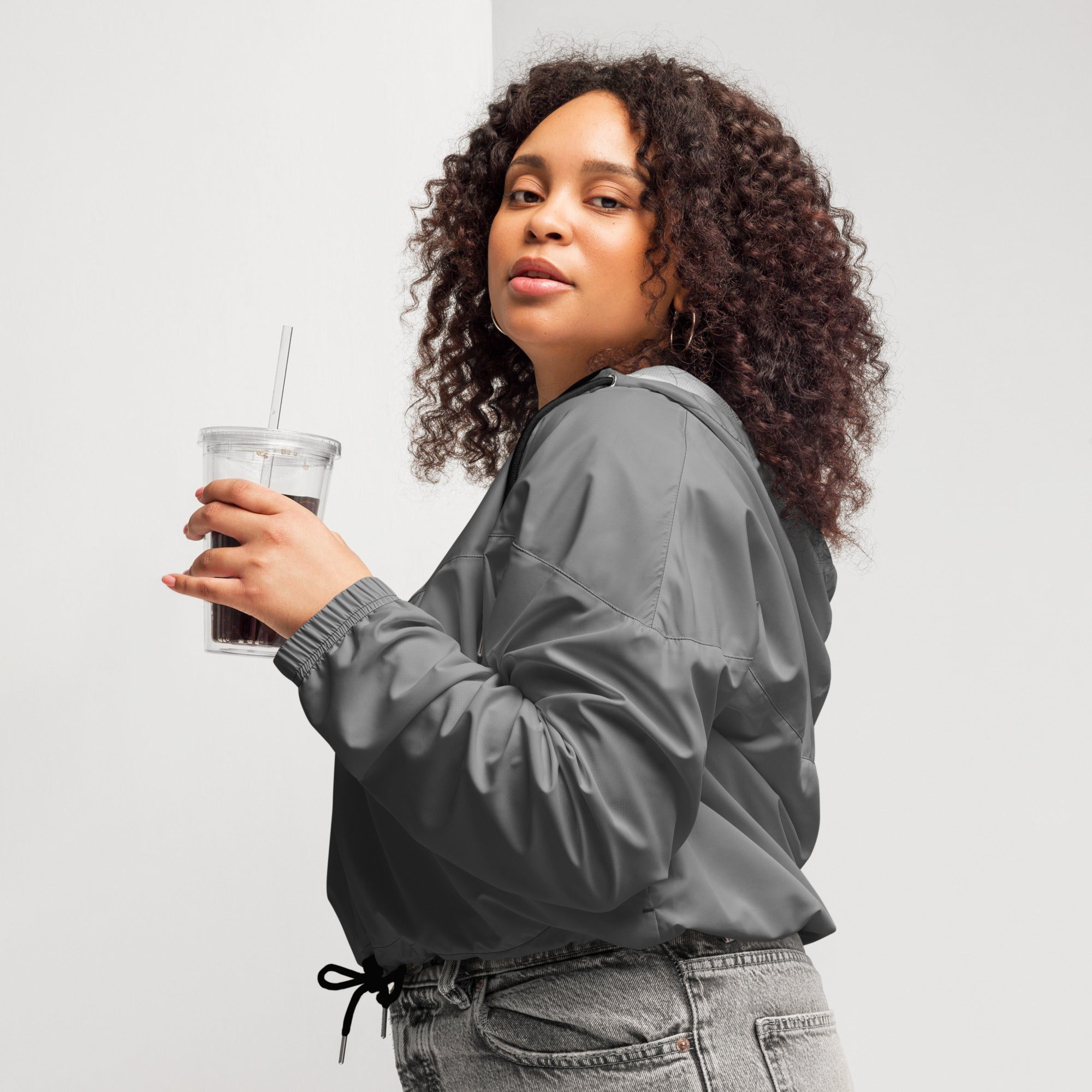 Women’s gray nylon bomber jacket with drawstring waistband lightweight cropped windbreaker with adjustable hood and pockets
