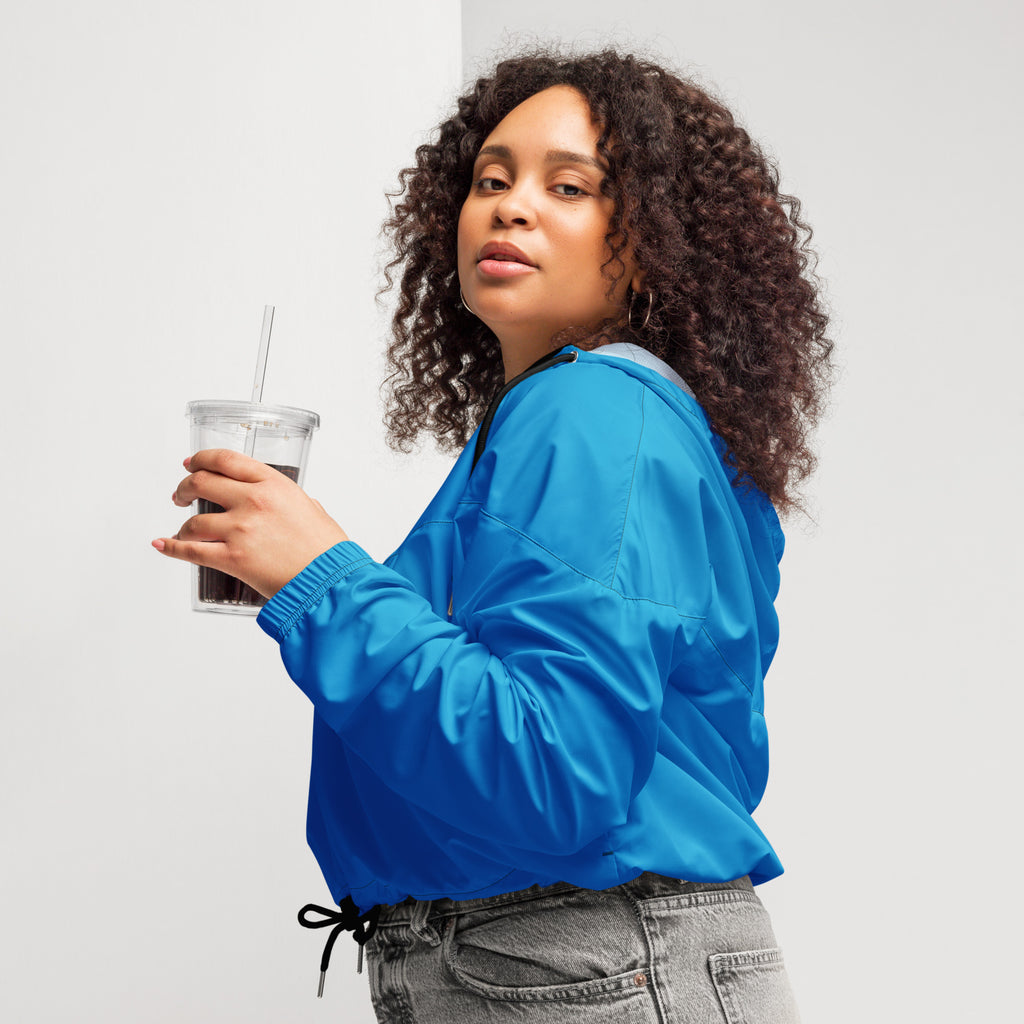 Women’s vibrant blue satin bomber jacket with black drawstring waistband lightweight water resistant with hood and pockets