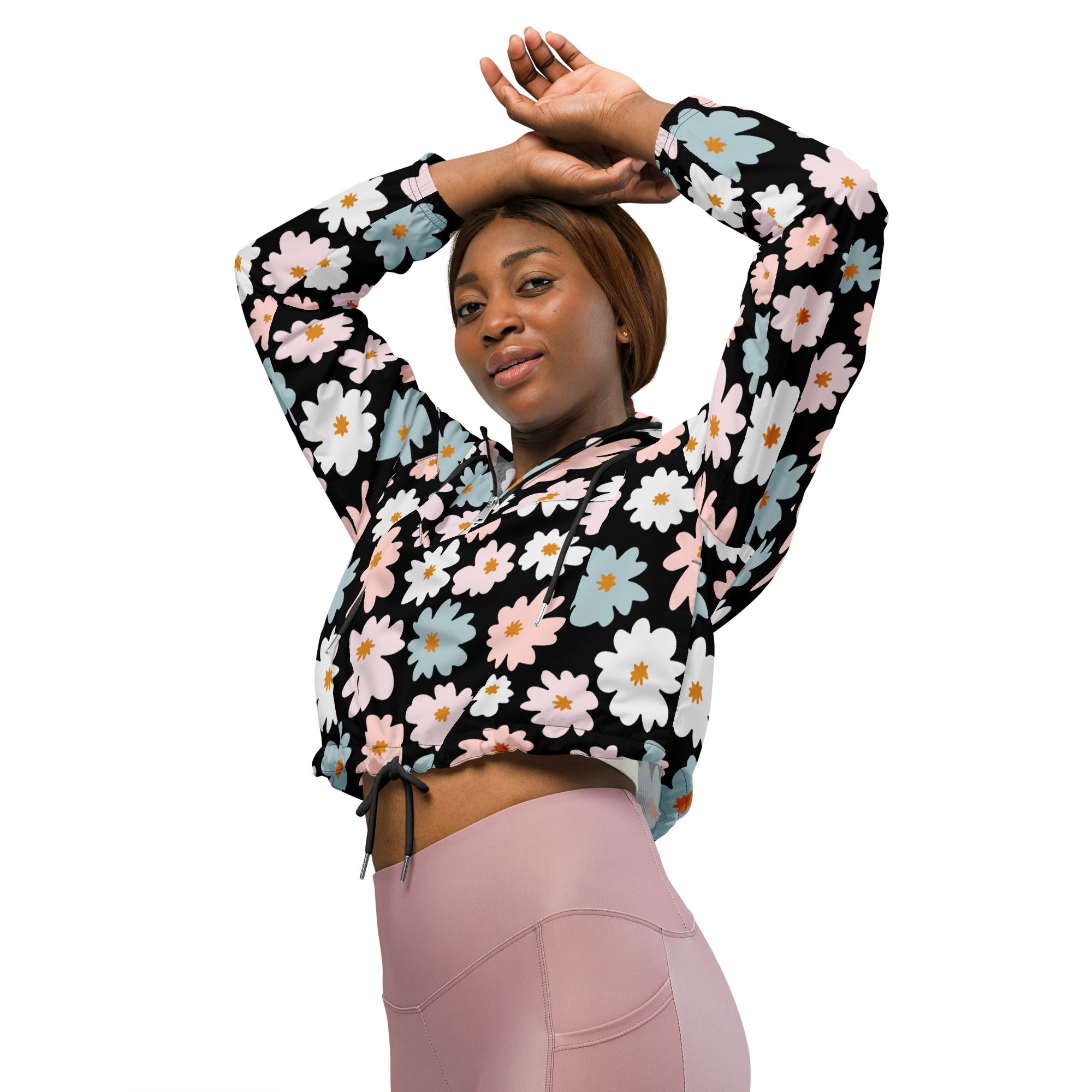 Women’s retro floral cropped windbreaker black hoodie with long sleeves and white pink blue daisy pattern front view