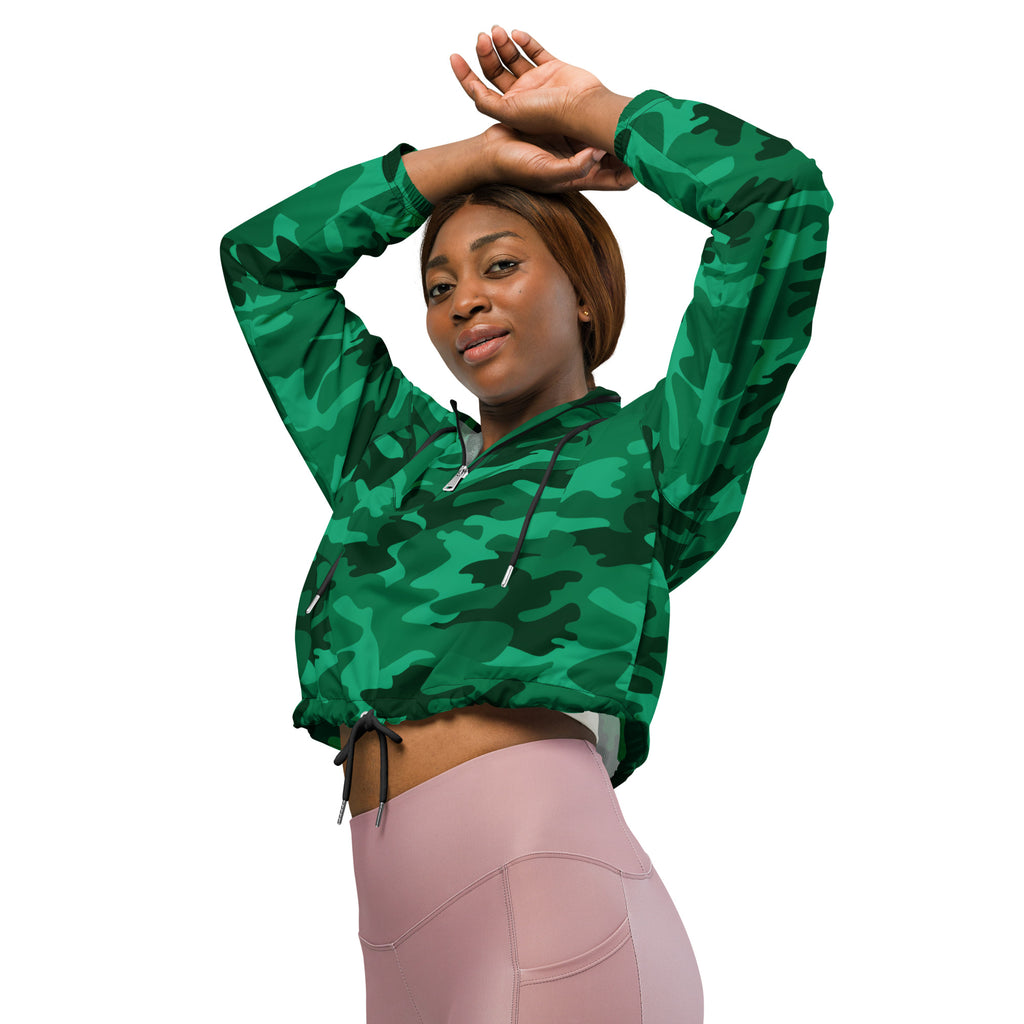 Women’s green camouflage cropped hoodie with drawstring hood and side pockets in lightweight windbreaker style
