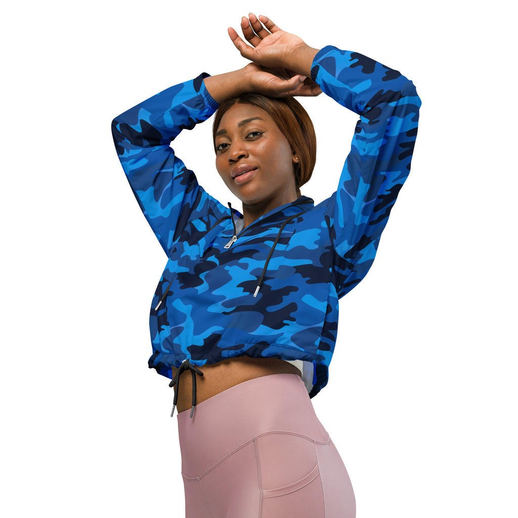 Women’s blue and navy camouflage cropped windbreaker zip-up hoodie with adjustable hood and pockets, lightweight and water resistant