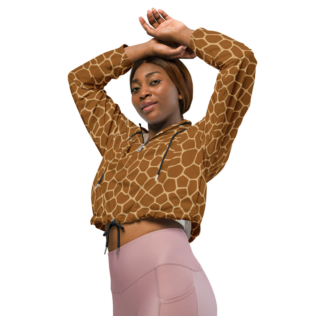 Women’s giraffe print cropped long-sleeved hoodie in brown and tan lightweight windbreaker with adjustable hood and pockets