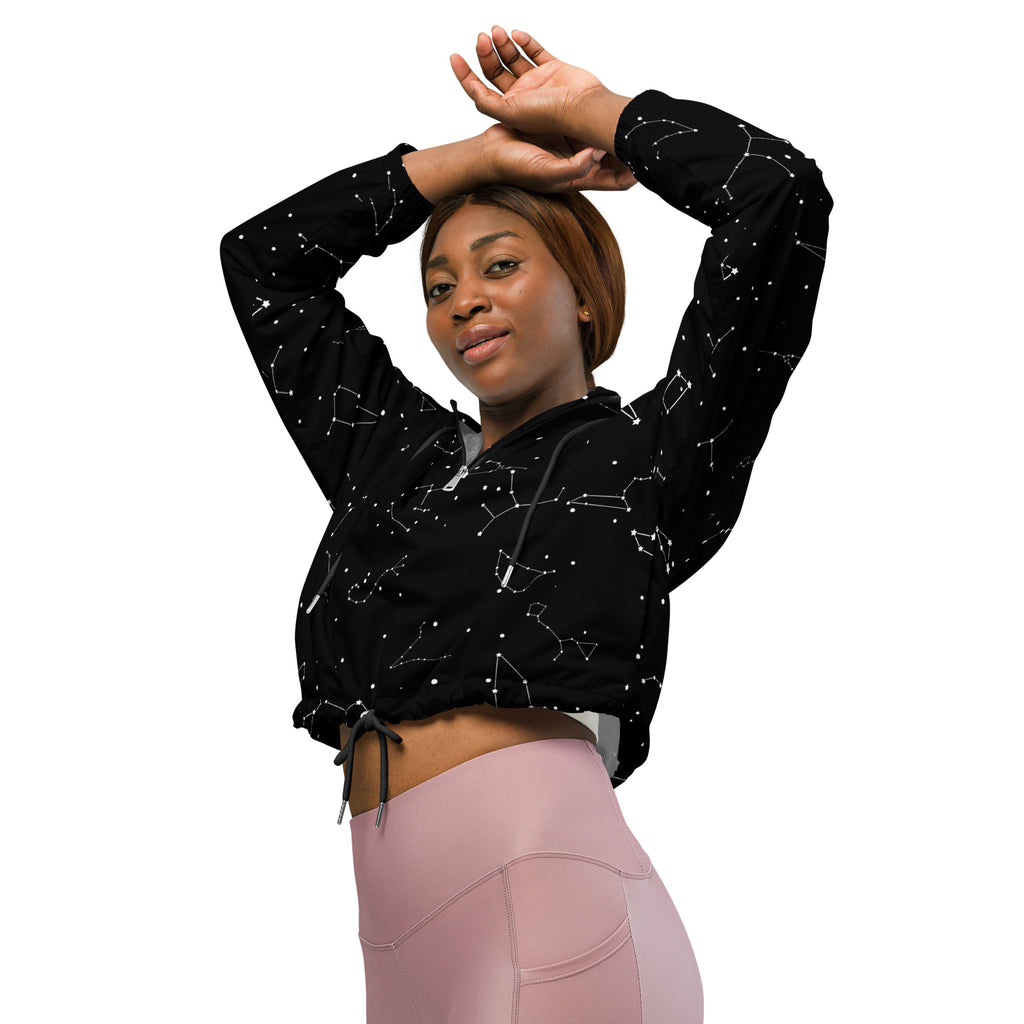 Women’s black cropped hoodie with white constellation pattern lightweight windbreaker with drawstring waistband