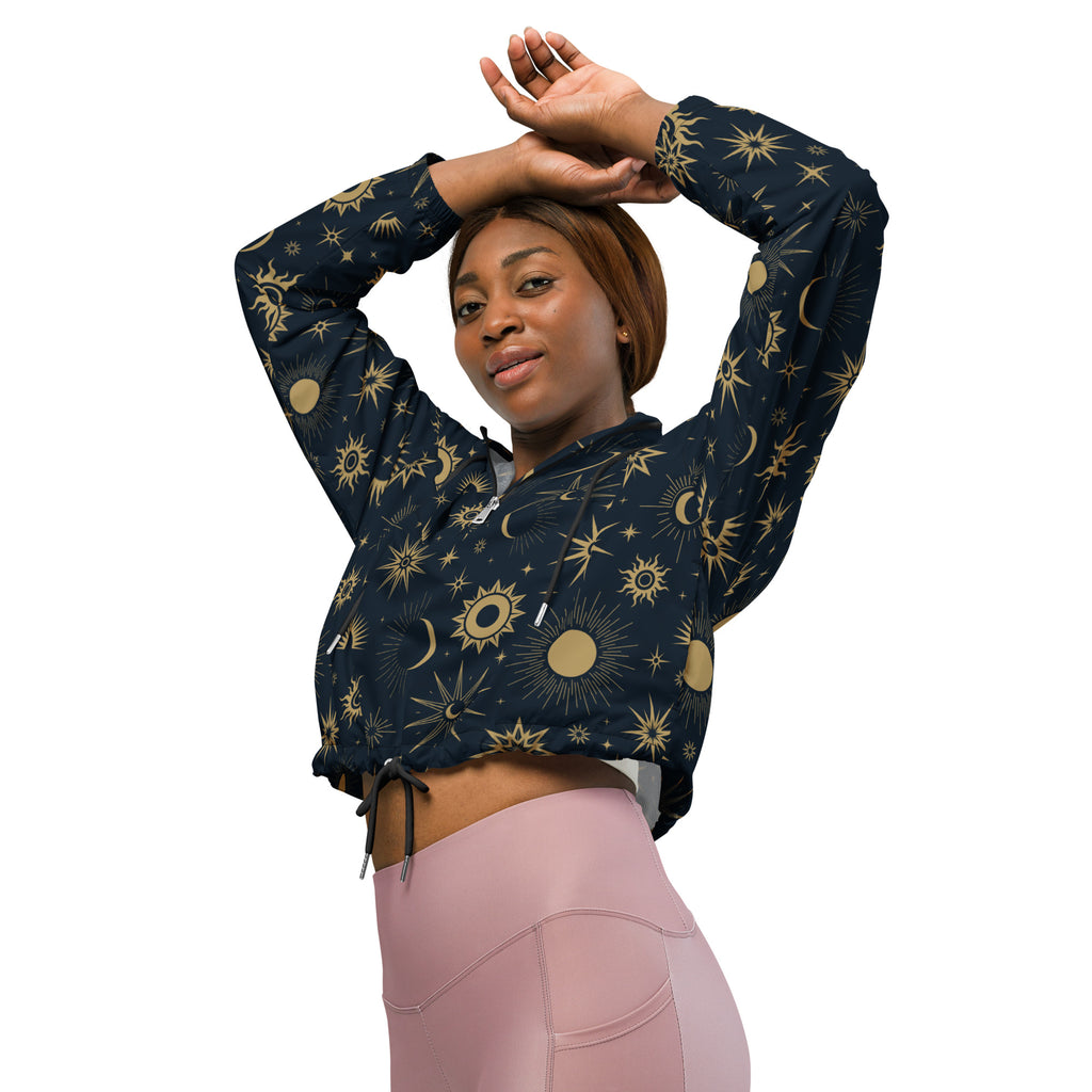 Navy blue lightweight women’s cropped windbreaker with adjustable hood and gold celestial sun moon star pattern