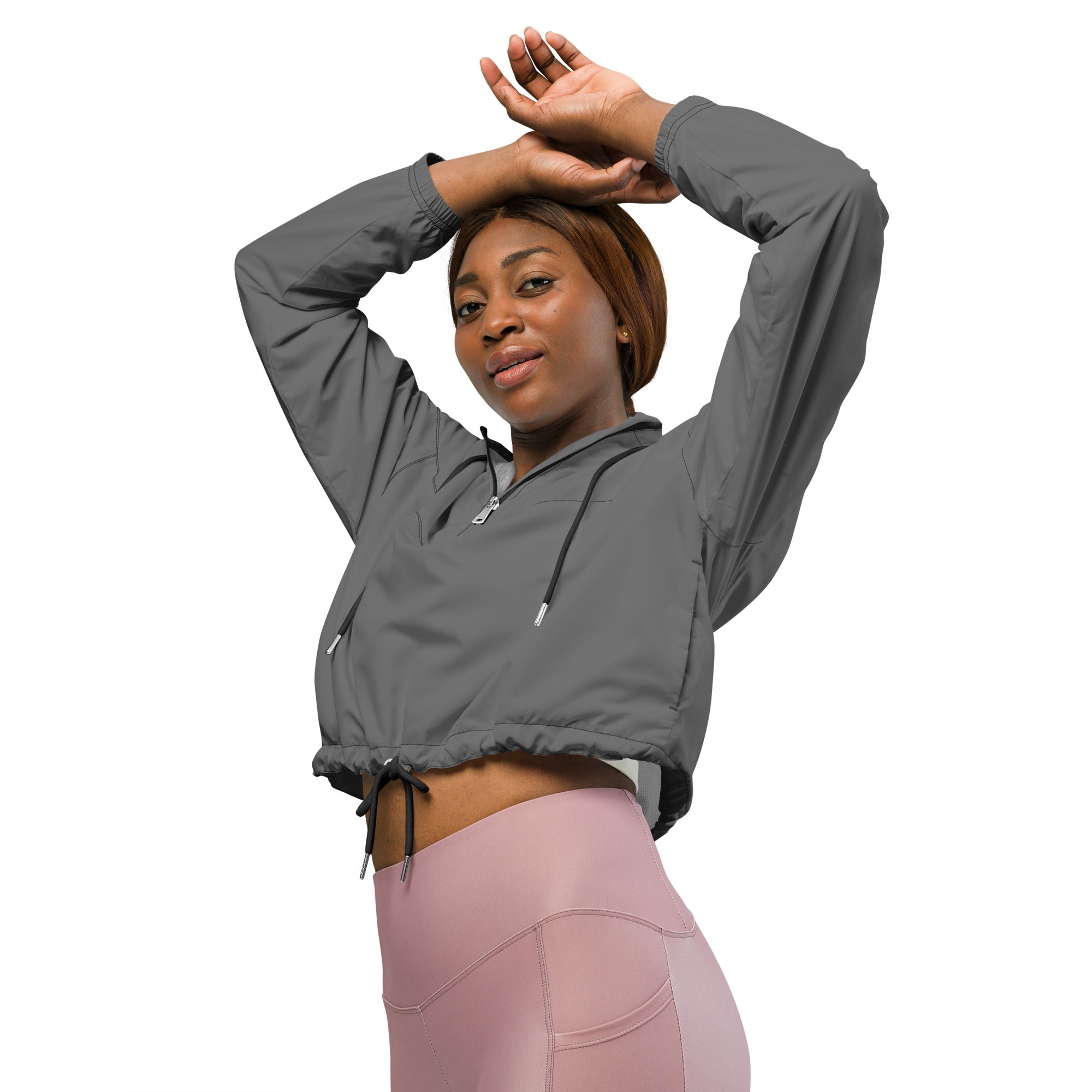Women’s gray cropped windbreaker with black drawstrings and zipper details lightweight water resistant jacket