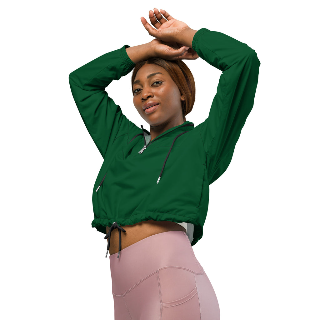 Women’s dark green cropped windbreaker with black drawstrings zipper details lightweight water resistant jacket