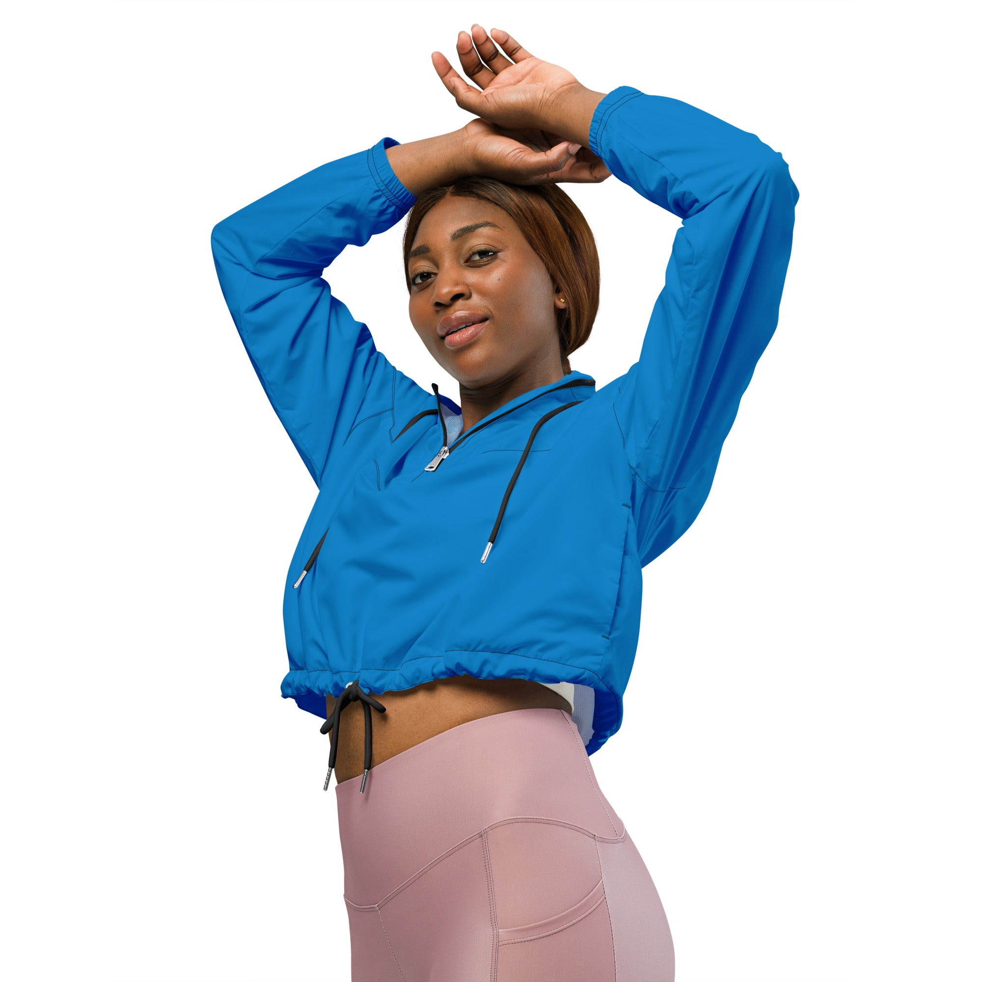 Women’s vibrant blue cropped windbreaker with black drawstrings zipper accents lightweight water resistant jacket