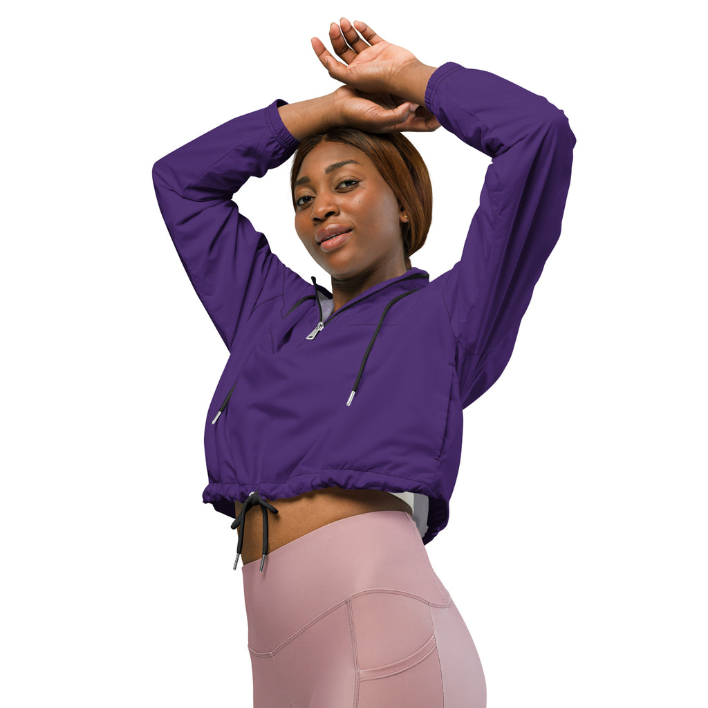 Women’s dark purple cropped windbreaker with black drawstrings and zipper details lightweight water resistant jacket