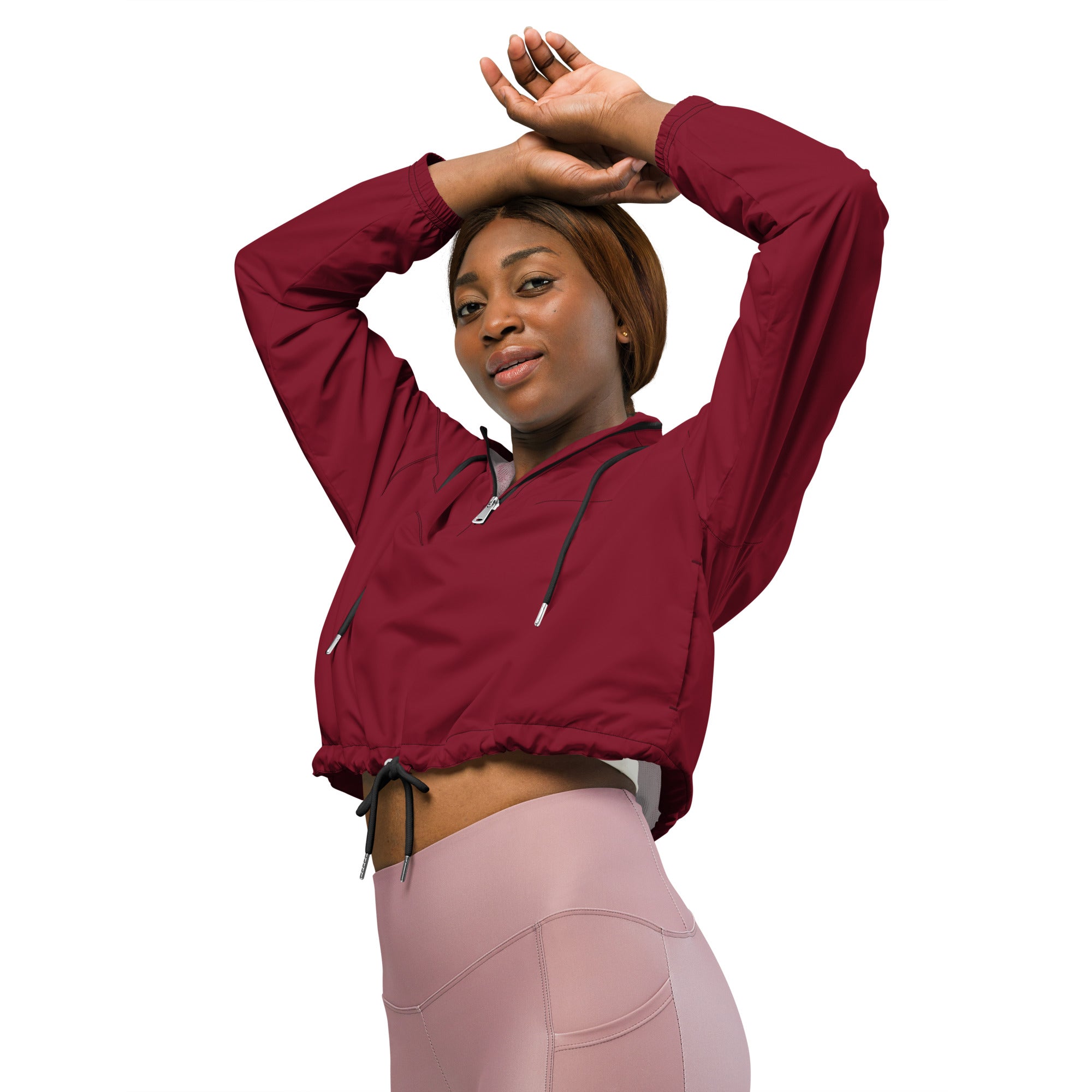 Women’s burgundy cropped windbreaker with lightweight water resistant fabric black drawstrings and zipper pulls