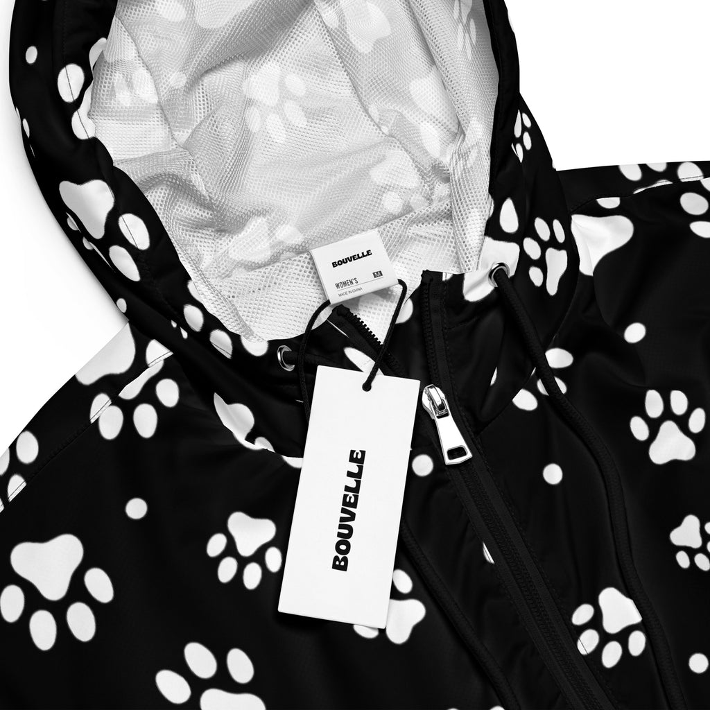 Women’s paw print cropped windbreaker jacket by bouvelle in black and white with adjustable hood and pockets