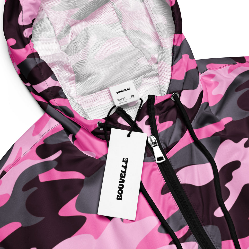 Women’s pink and black camouflage bouvelle cropped windbreaker jacket with silver-lined adjustable hood and pockets