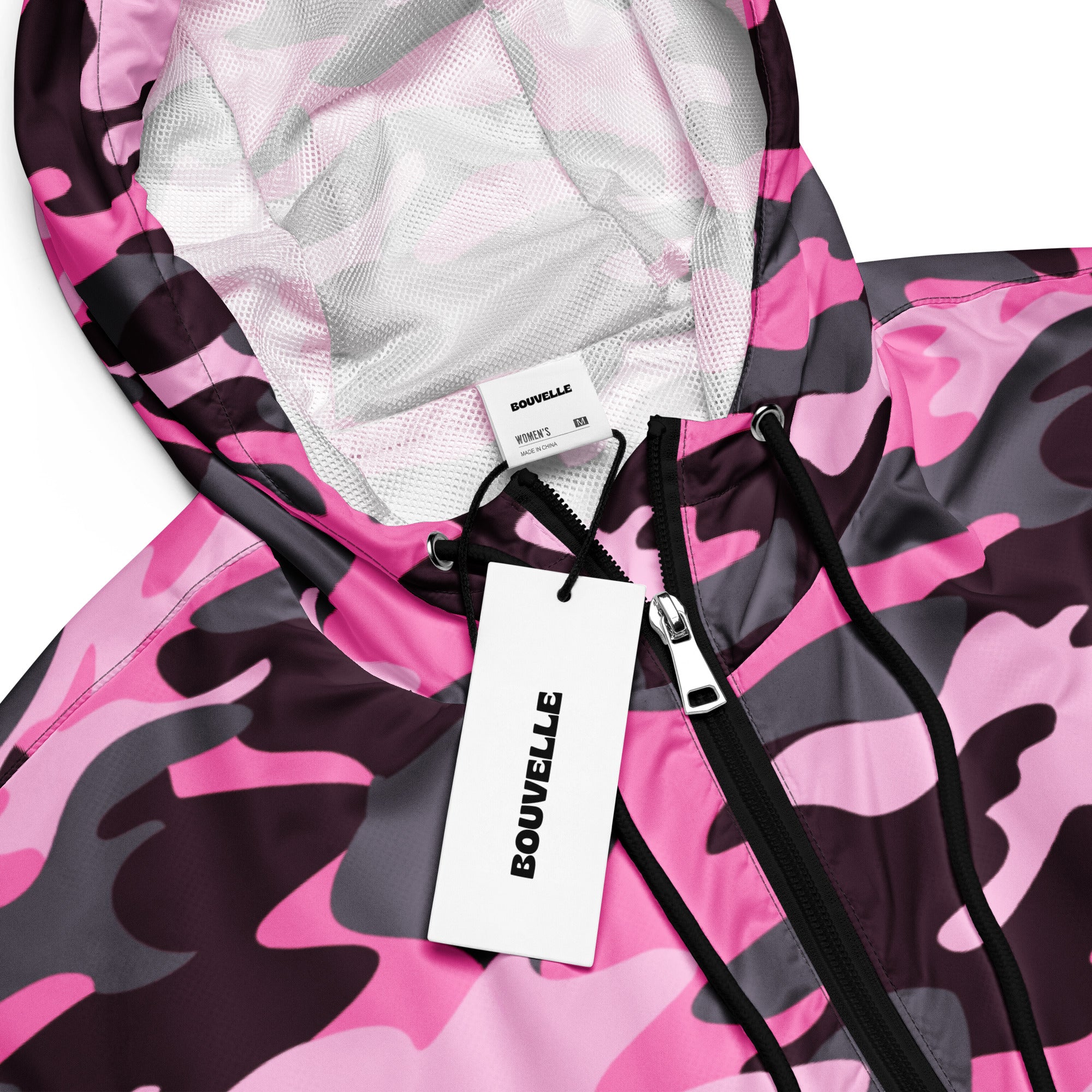 Women’s pink and black camouflage bouvelle cropped windbreaker jacket with silver-lined adjustable hood and pockets