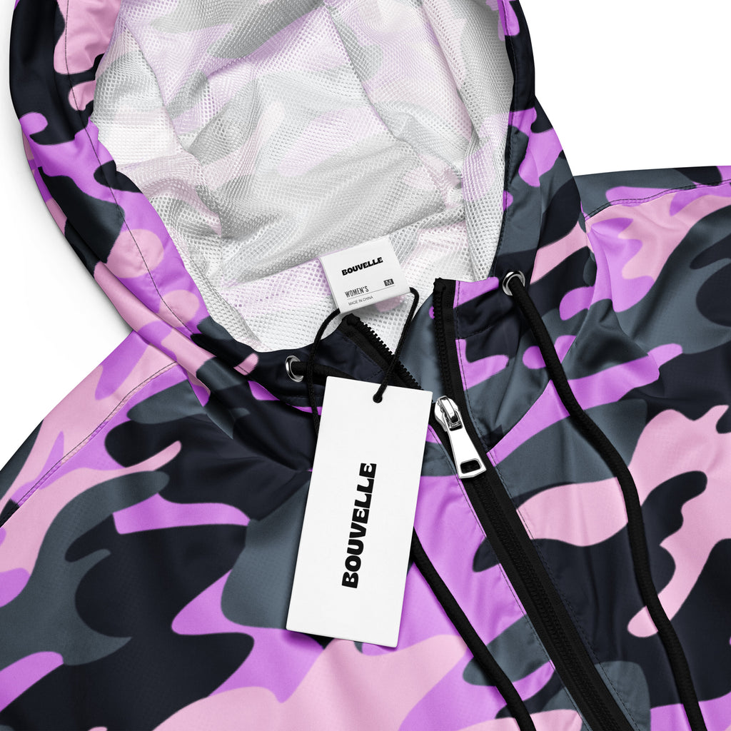 Women’s purple camouflage cropped bouvelle hooded jacket with pink and black pattern and mesh-lined interior