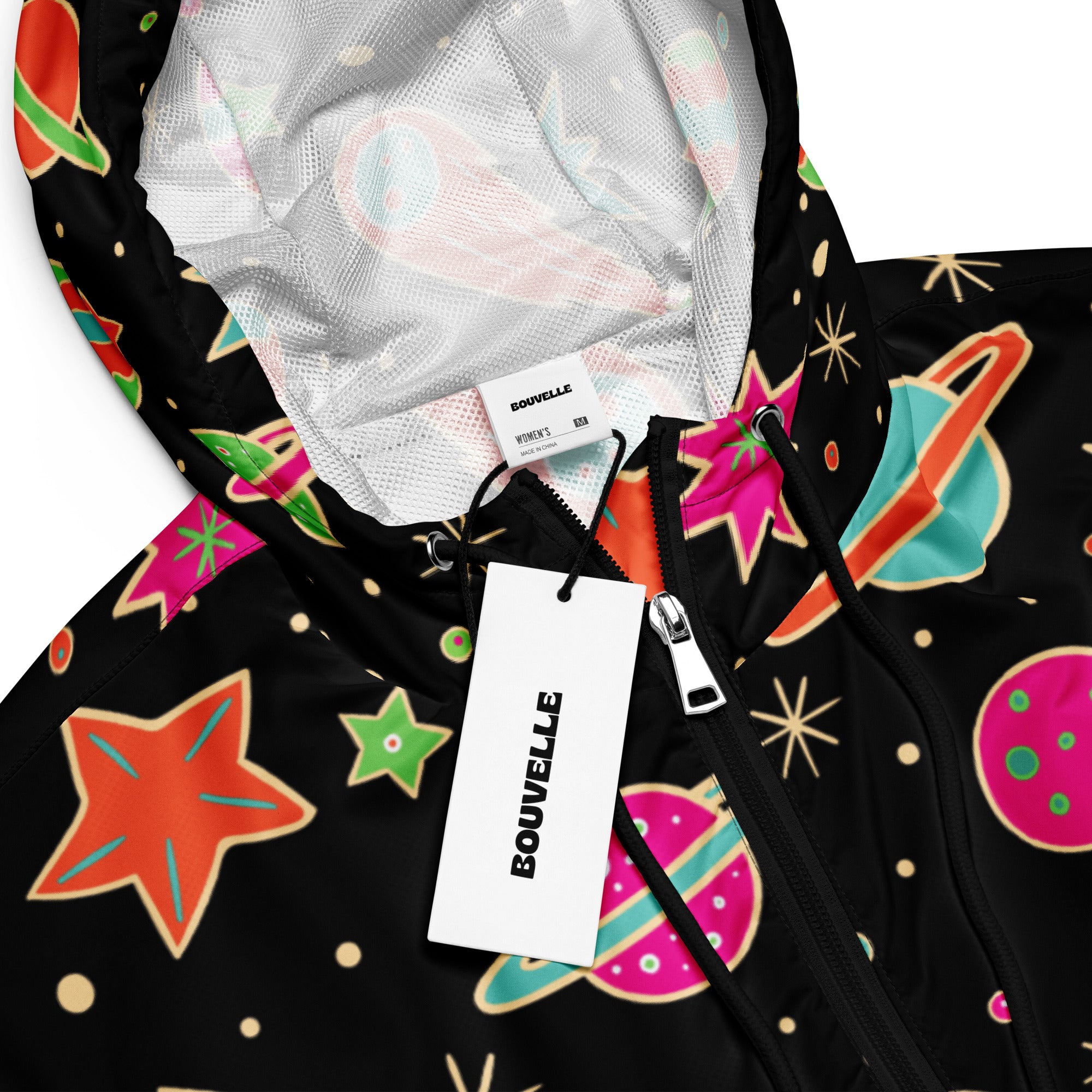 Women’s retro space cropped windbreaker black zip-up hoodie with neon pink orange teal planets and stars print