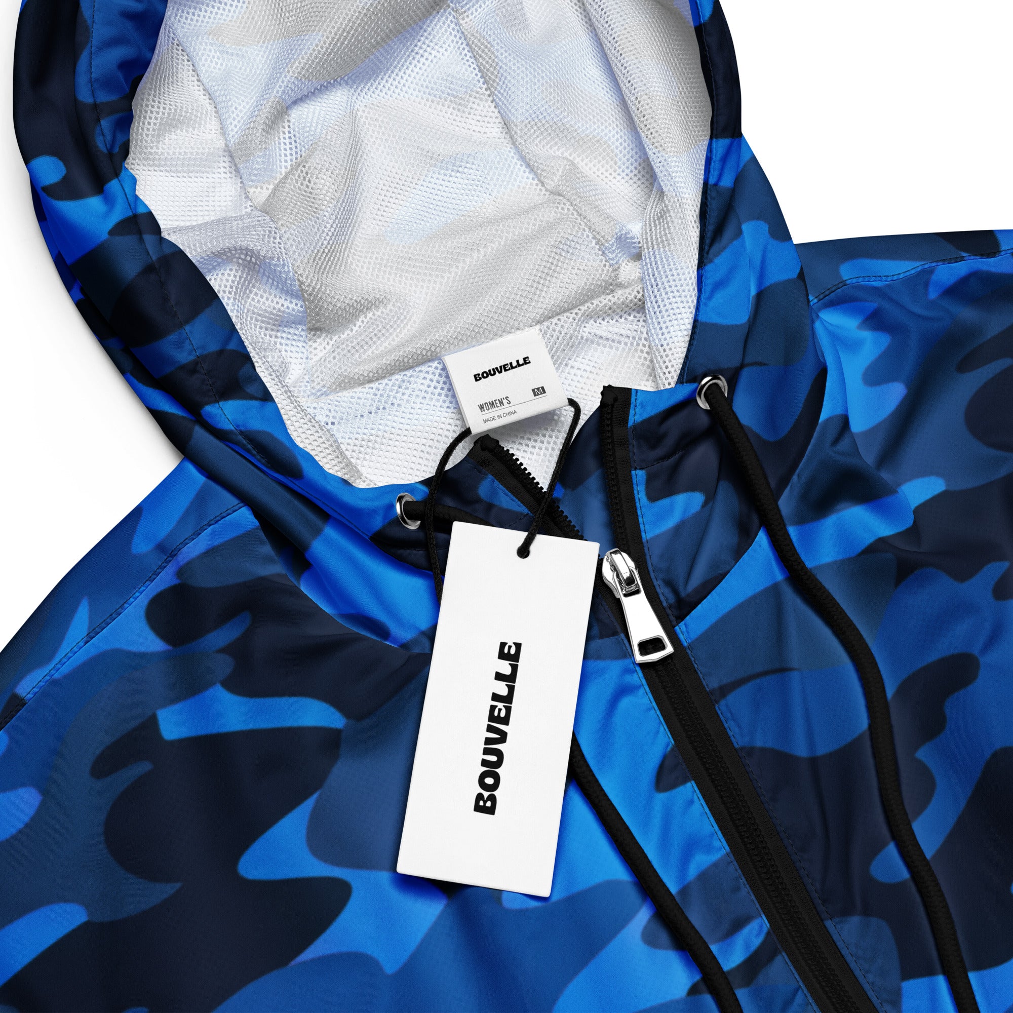 Women’s blue and black camouflage cropped windbreaker jacket with white mesh lining lightweight and water resistant