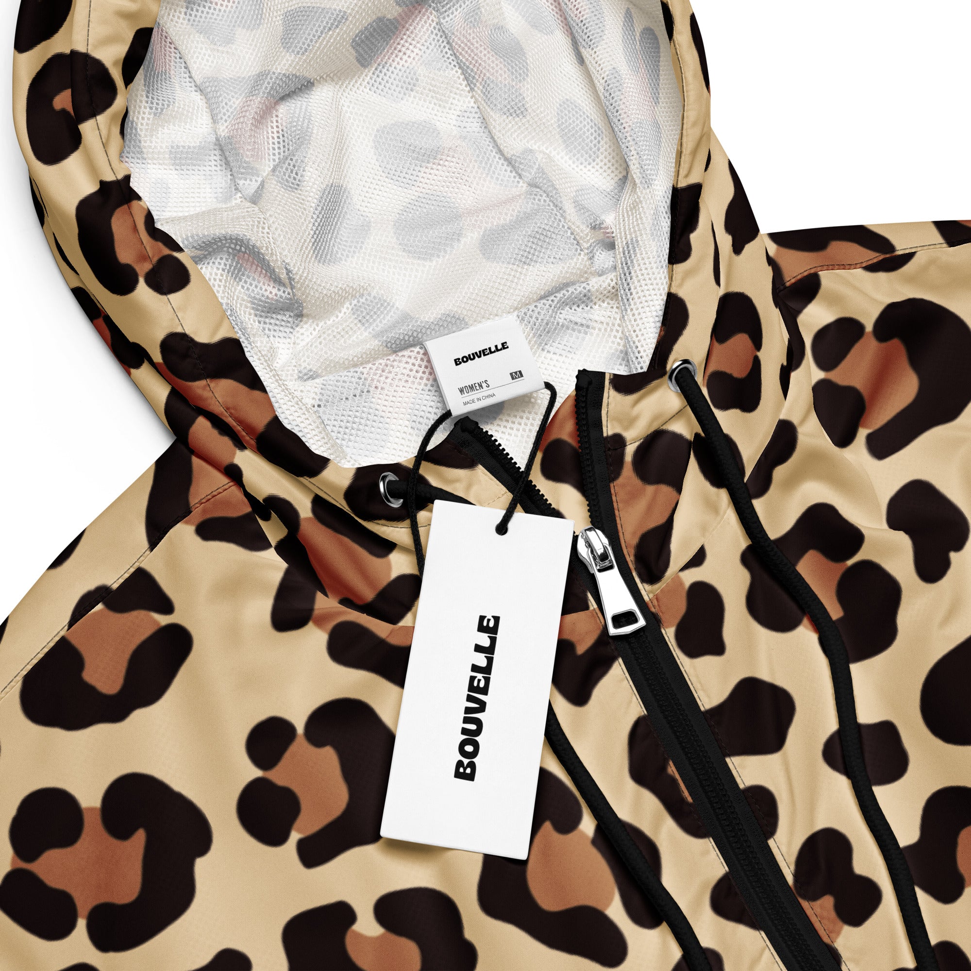 Women’s tan and black leopard-print bouvelle hooded jacket with mesh-lined interior lightweight and adjustable hood