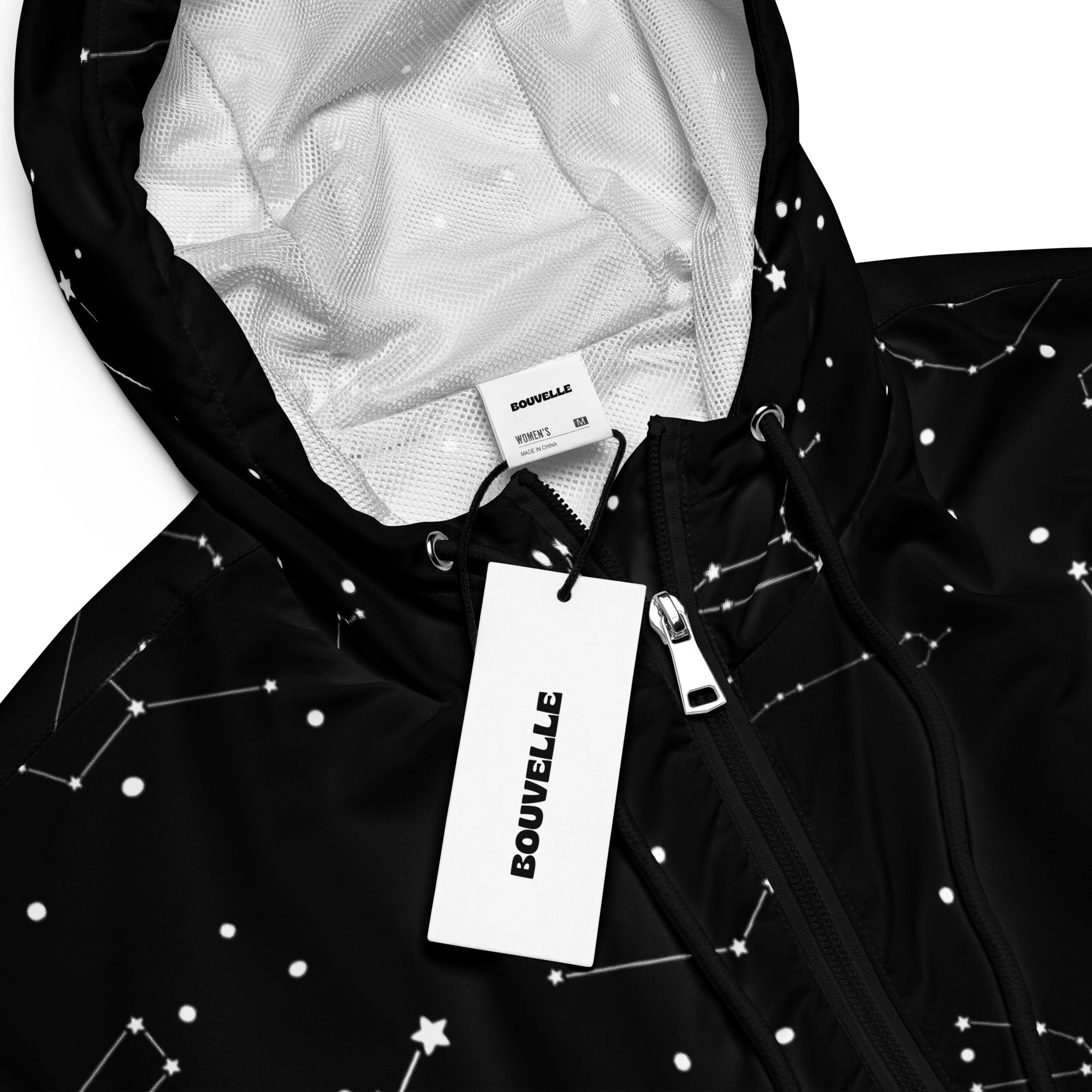 Women’s black hooded cropped windbreaker with white star constellation patterns mesh lining and silver zipper