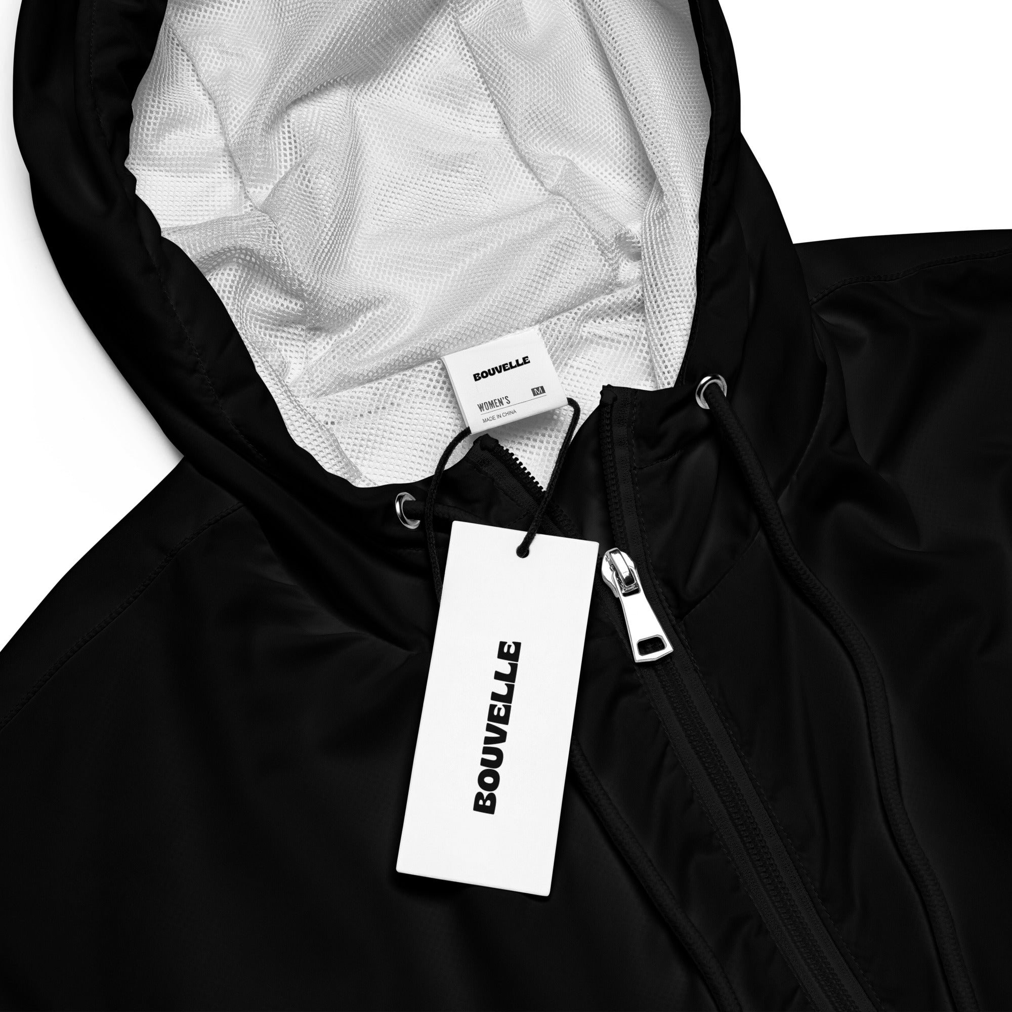Women’s black cropped bouvelle windbreaker jacket with white mesh lining silver zipper and adjustable hood and pockets