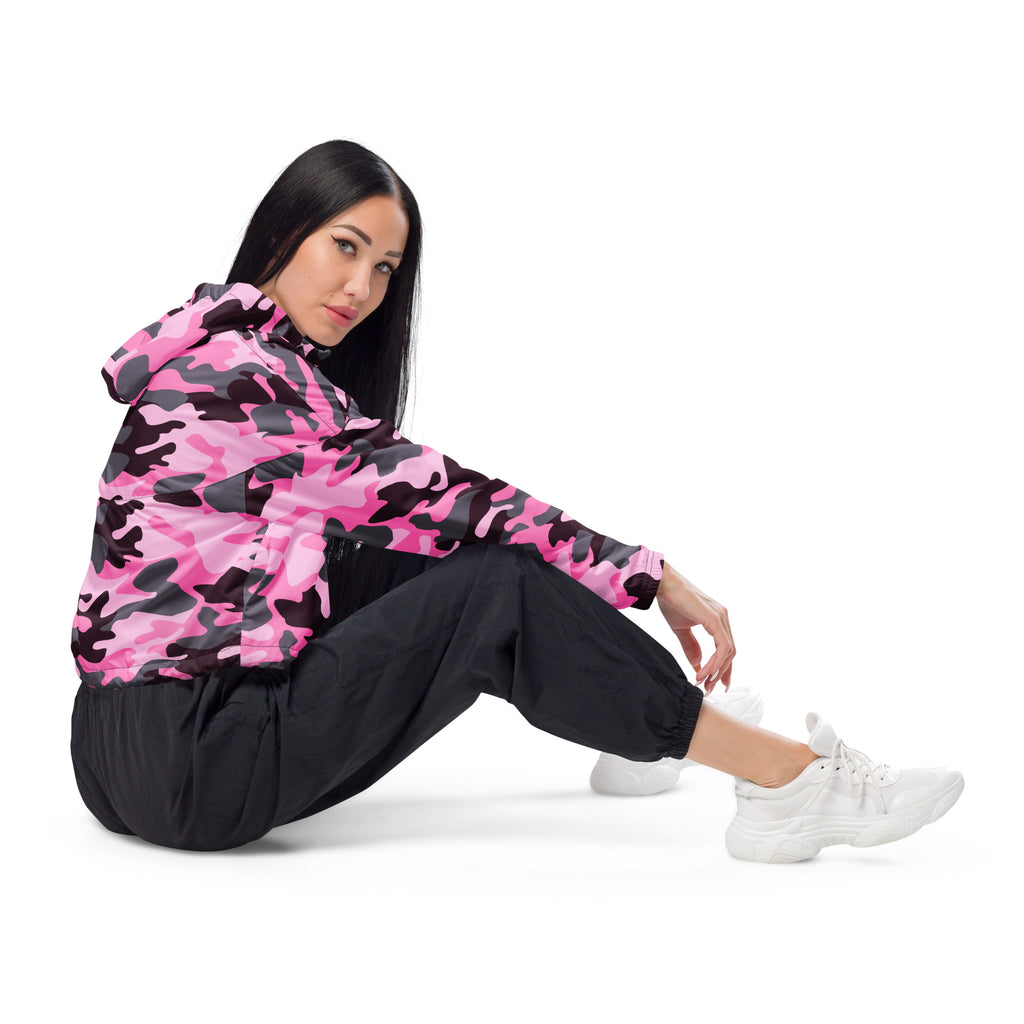 Women’s pink and black camouflage cropped windbreaker with adjustable hood and pockets lightweight water resistant jacket