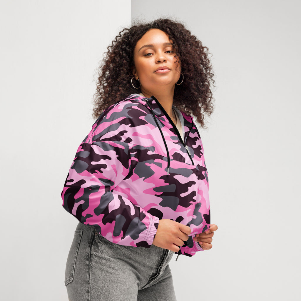 Women’s pink and black camouflage cropped bomber jacket lightweight water resistant with adjustable hood and pockets
