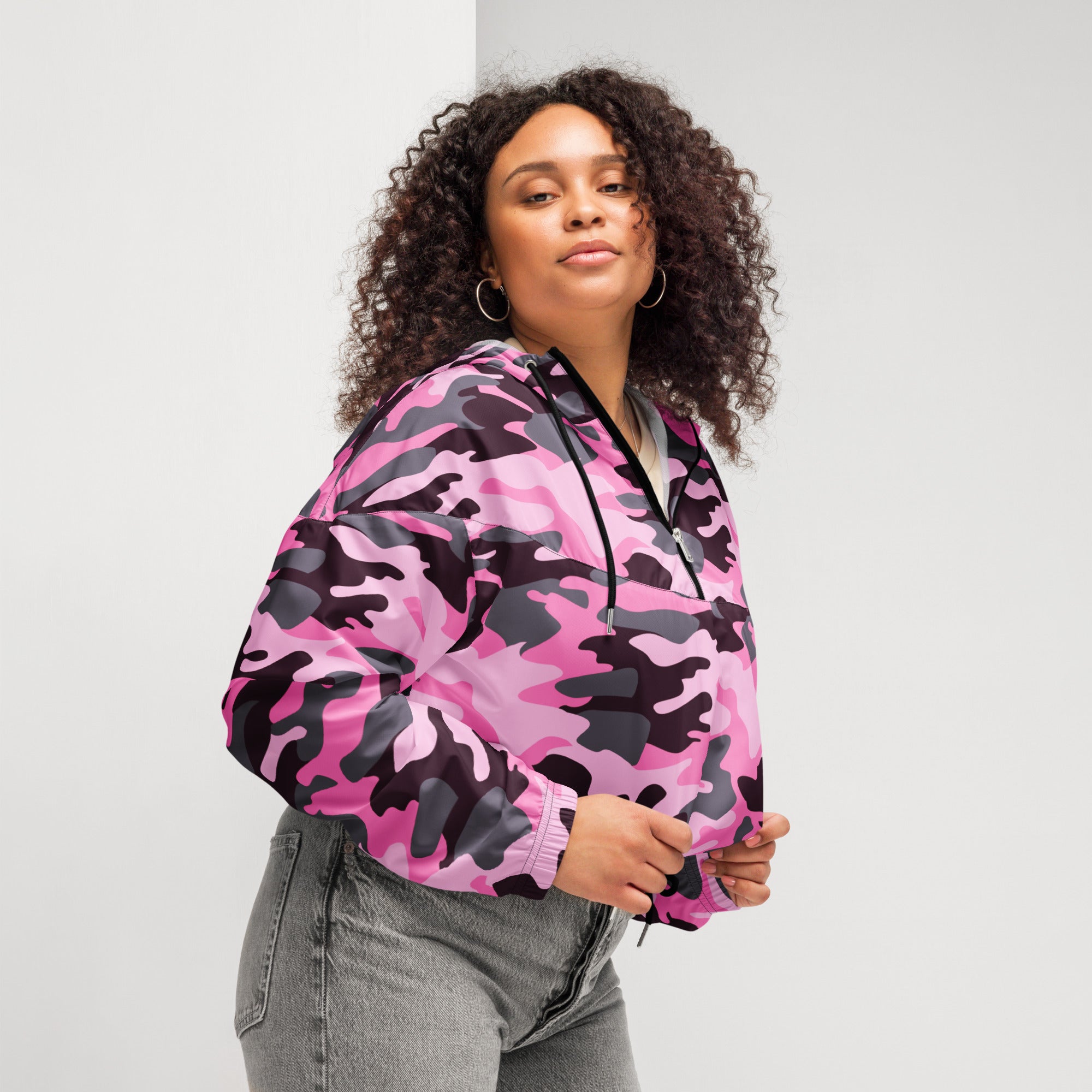 Women’s pink and black camouflage cropped bomber jacket lightweight water resistant with adjustable hood and pockets