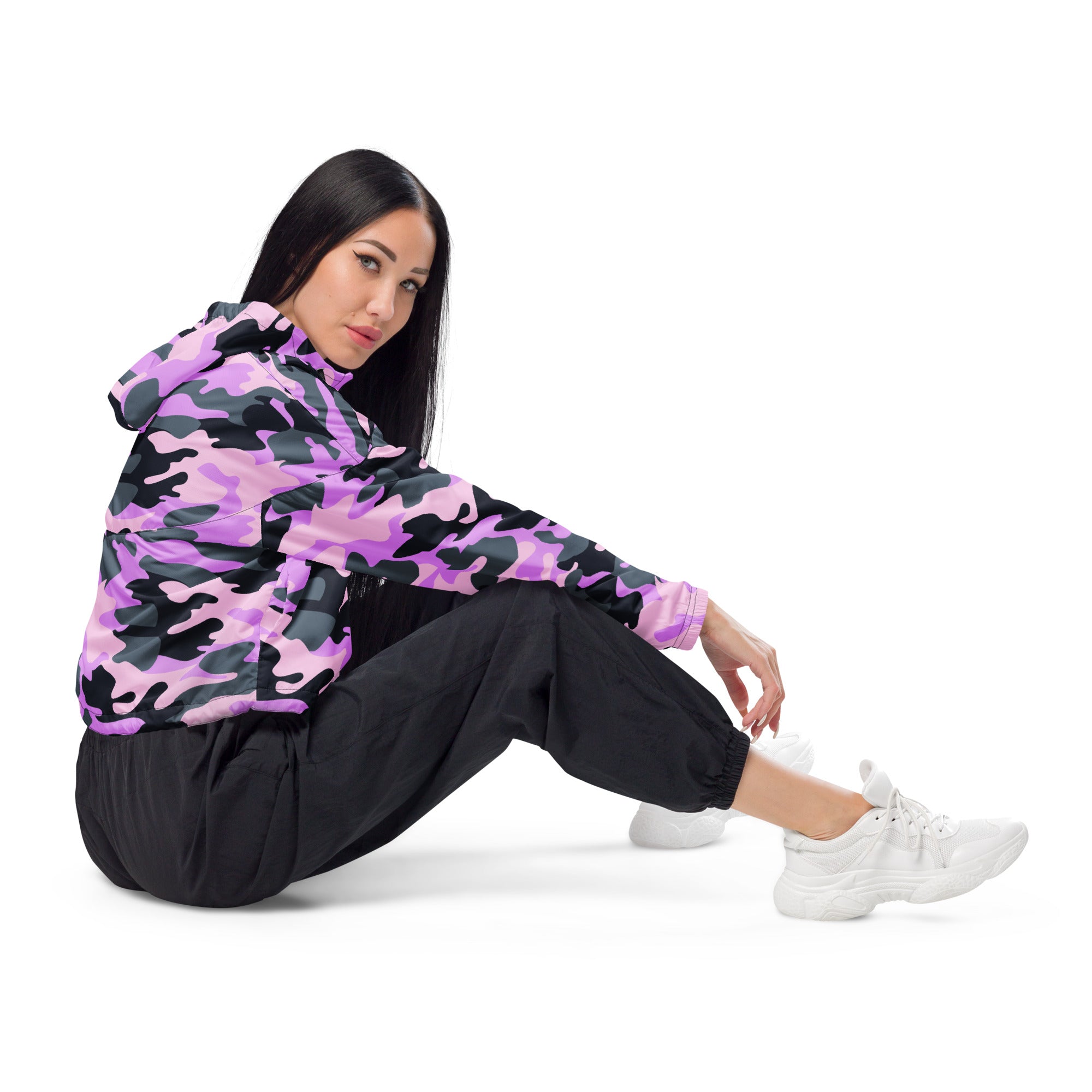 A vibrant purple and black camouflage cropped windbreaker jacket with hood and pockets for women