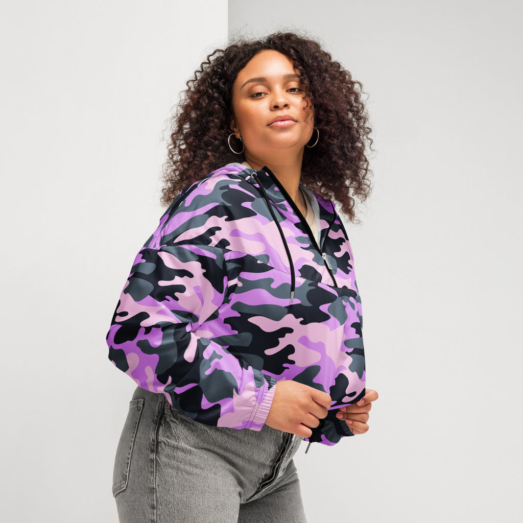 Women’s purple and black camouflage cropped bomber jacket with zippered front lightweight windbreaker with hood and pockets