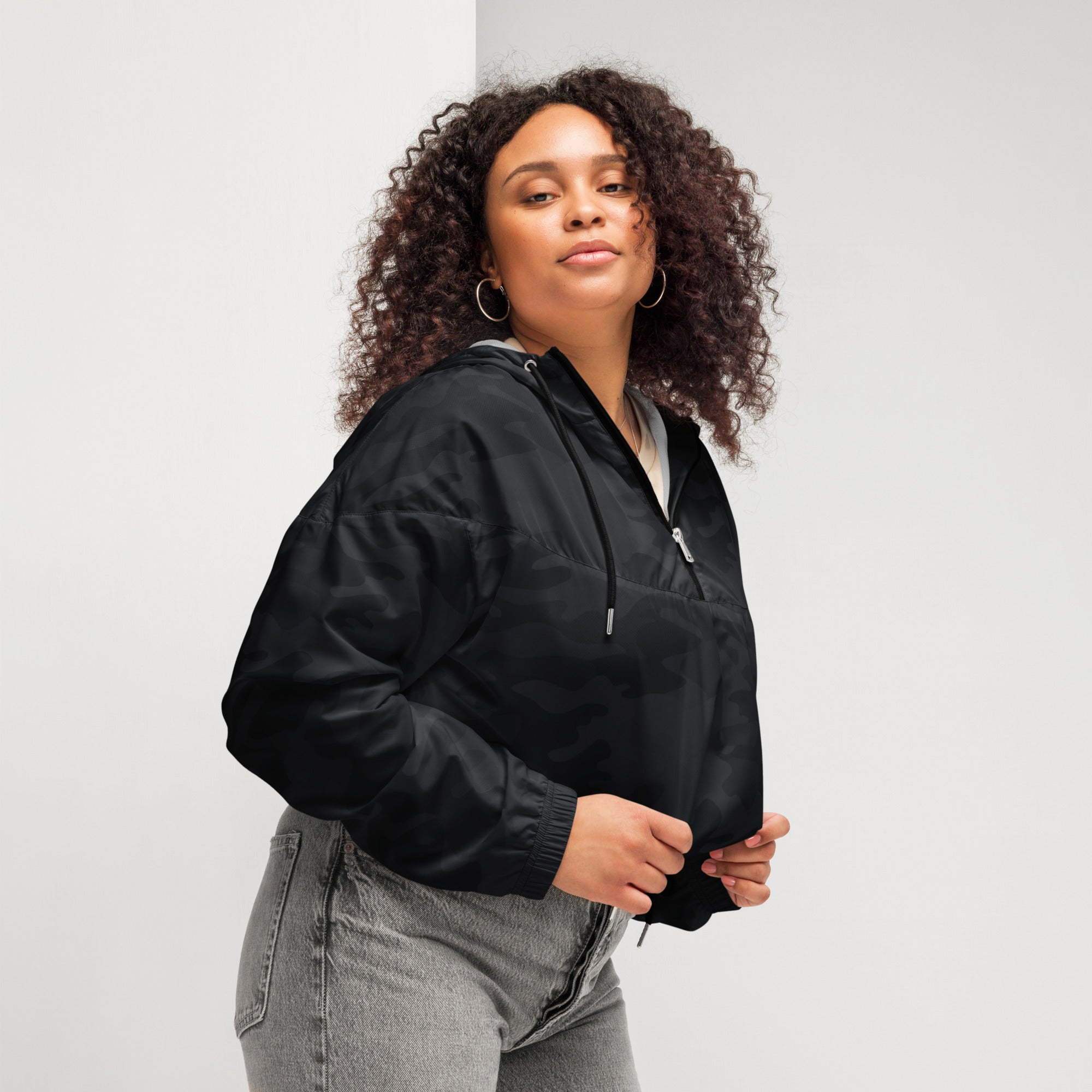 Women’s black satin bomber jacket with front zipper and drawstring hood lightweight and water resistant
