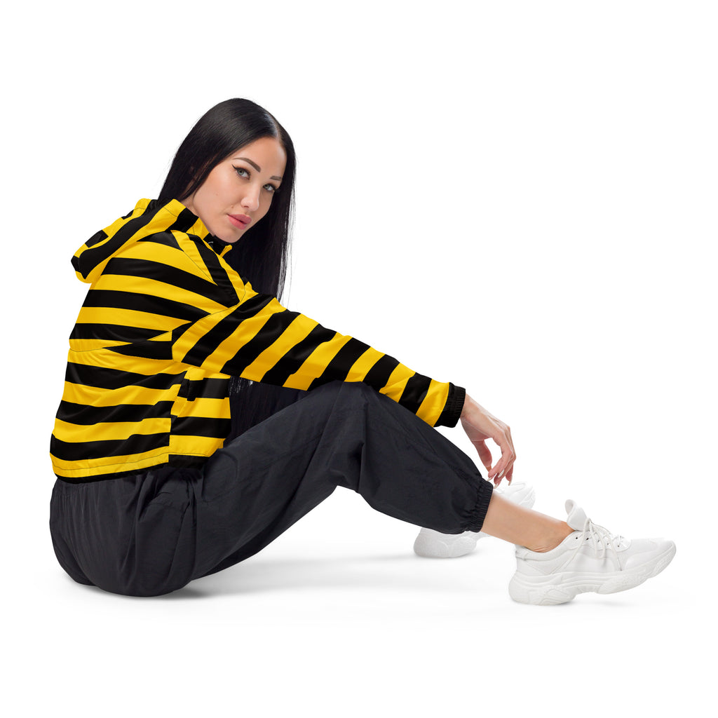 Yellow and black striped hooded jacket with a modern design lightweight water resistant women’s windbreaker with pockets