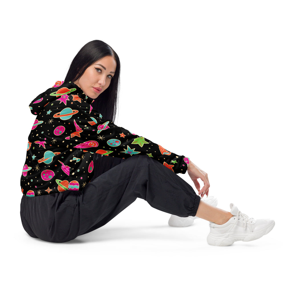 Women’s retro space cropped windbreaker hoodie in black with neon planets stars and rockets print lightweight and water resistant