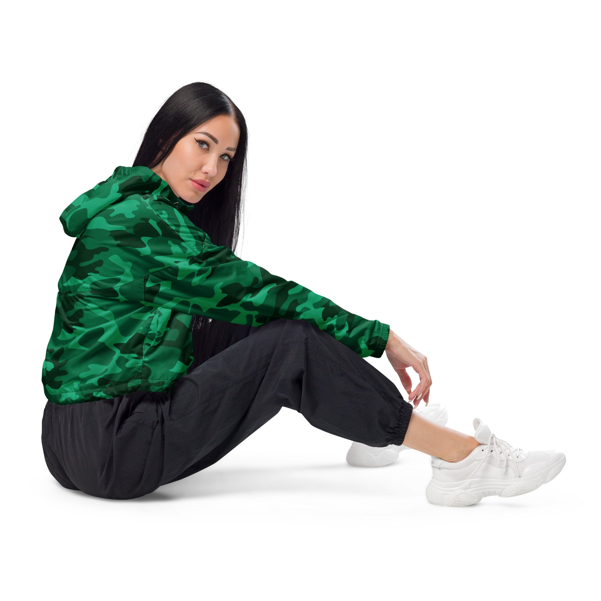 Women’s green camouflage cropped windbreaker hooded jacket lightweight water resistant with adjustable hood and pockets