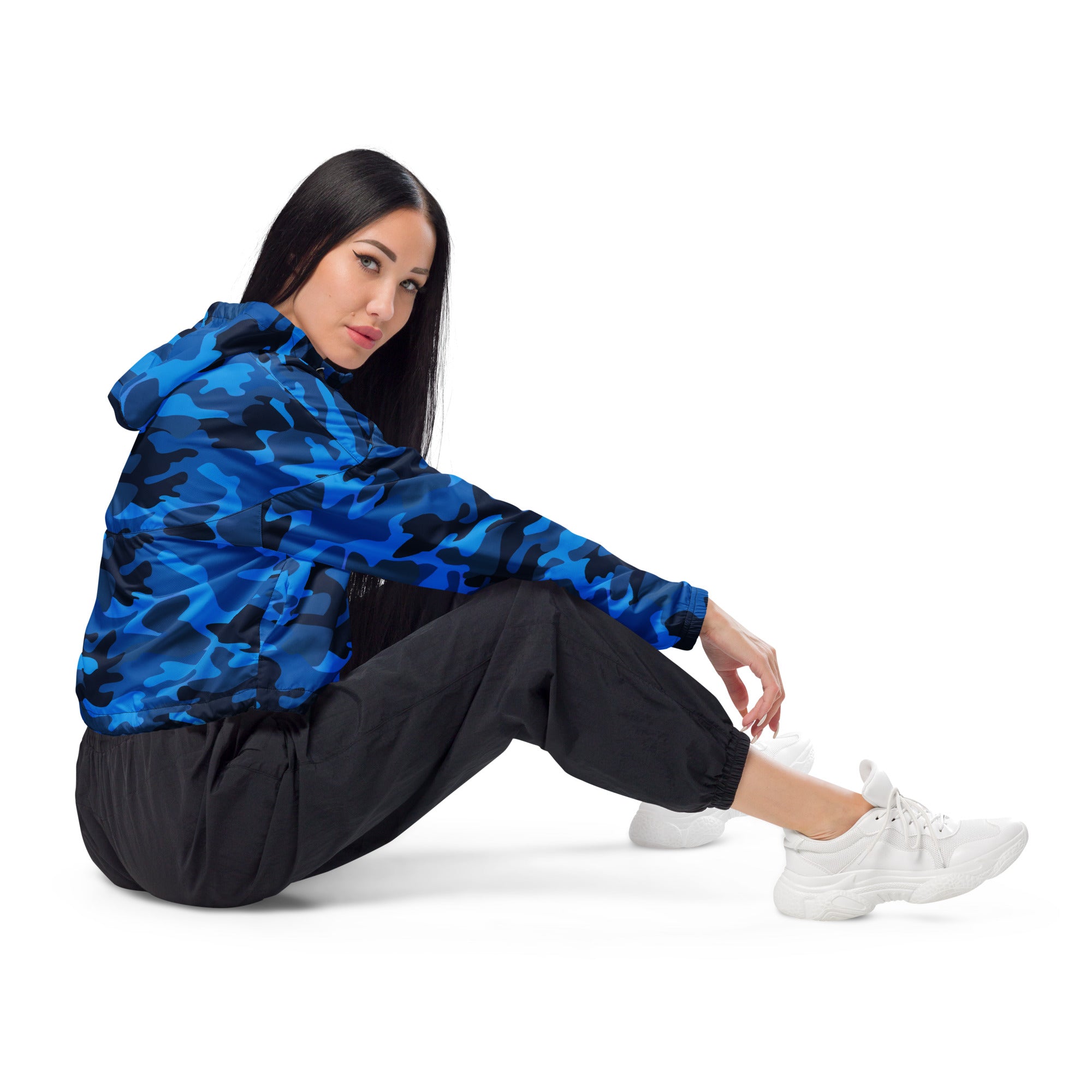 Women’s blue and black camouflage cropped windbreaker with adjustable hood and pockets, lightweight and water resistant