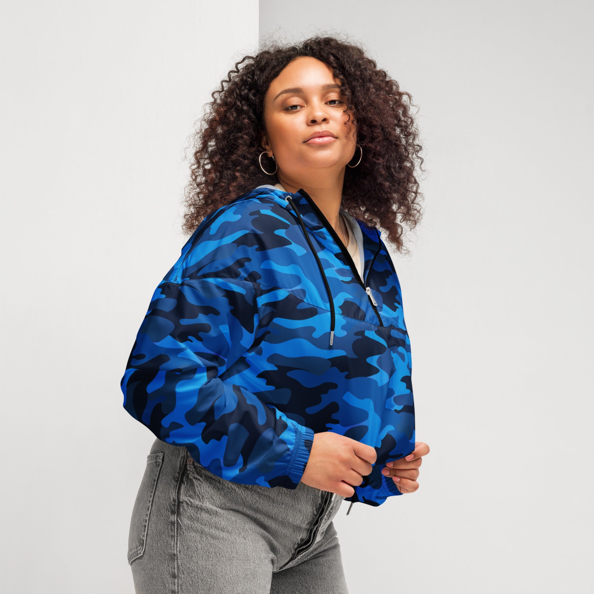Women’s blue and black camouflage cropped bomber jacket lightweight and water resistant with adjustable hood and pockets