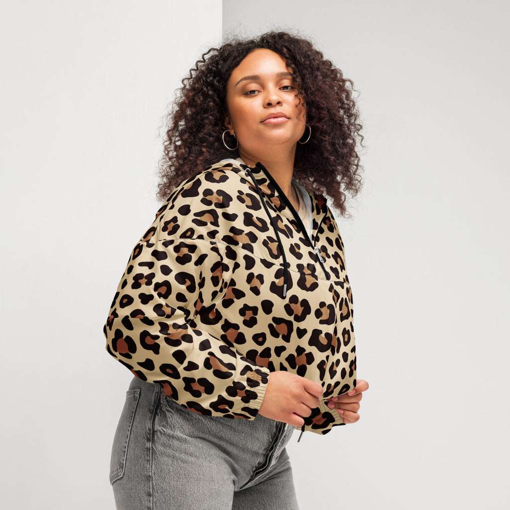 Beige and brown leopard print women’s cropped windbreaker with black zipper front lightweight and water resistant