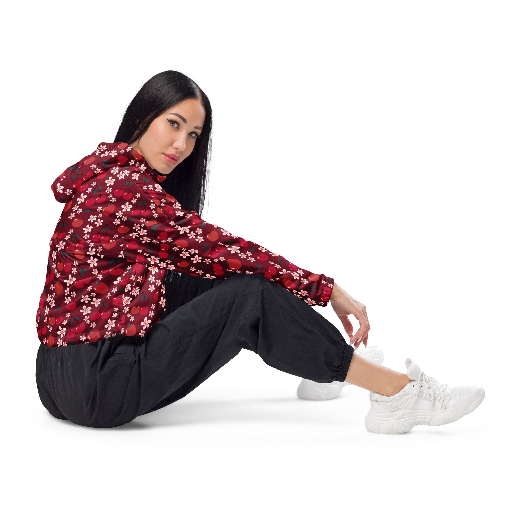 Women’s cherry blossom cropped windbreaker in red and white floral sheer lightweight hooded jacket with pockets