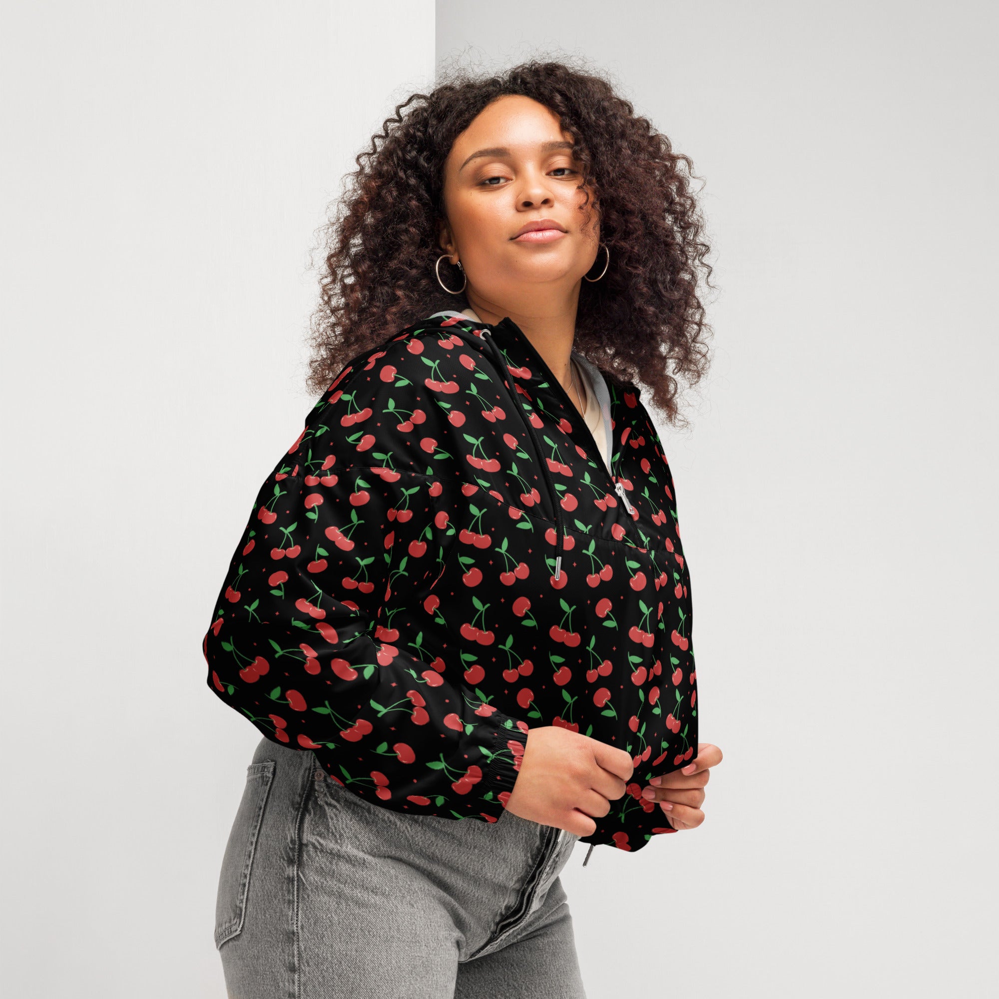 Women’s black cherry cropped windbreaker with vibrant red cherry pattern lightweight water resistant jacket with hood