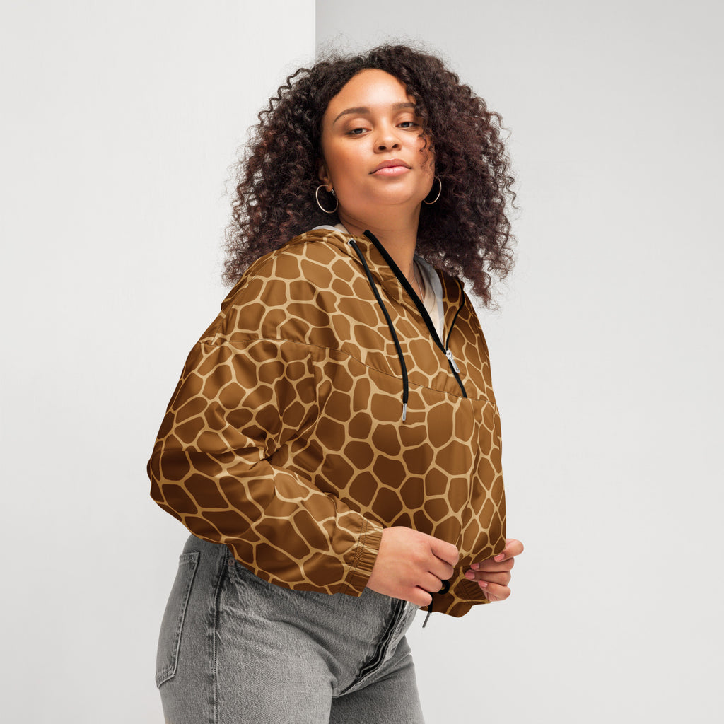 Brown giraffe print cropped windbreaker with black zipper and drawstring hood lightweight and water resistant
