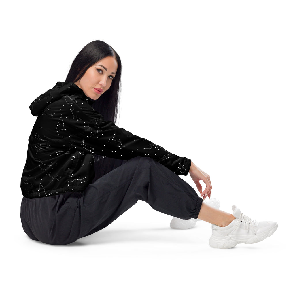 Women’s black hooded cropped windbreaker with subtle white constellation pattern lightweight and water resistant