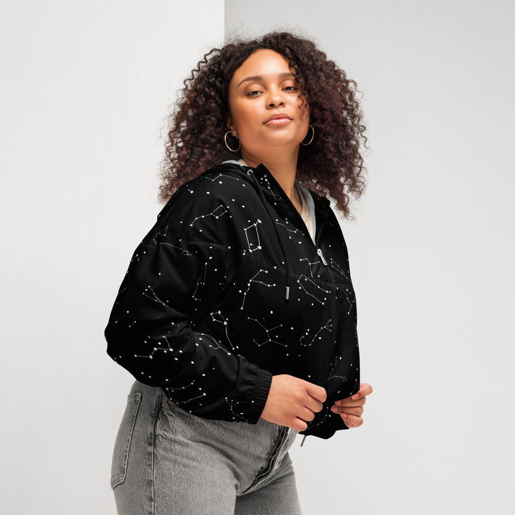 Women’s black zip-up bomber jacket with white celestial constellation print lightweight water resistant with hood and pockets