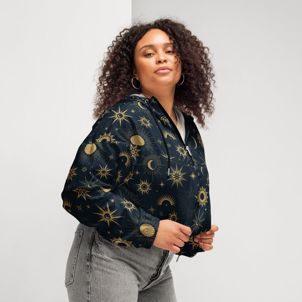 Women’s black bomber jacket with gold celestial sun moon and star patterns lightweight water resistant with hood and pockets