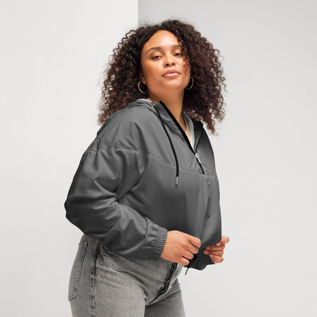Women’s gray cropped windbreaker lightweight nylon hooded jacket with black zipper and adjustable drawstring pockets