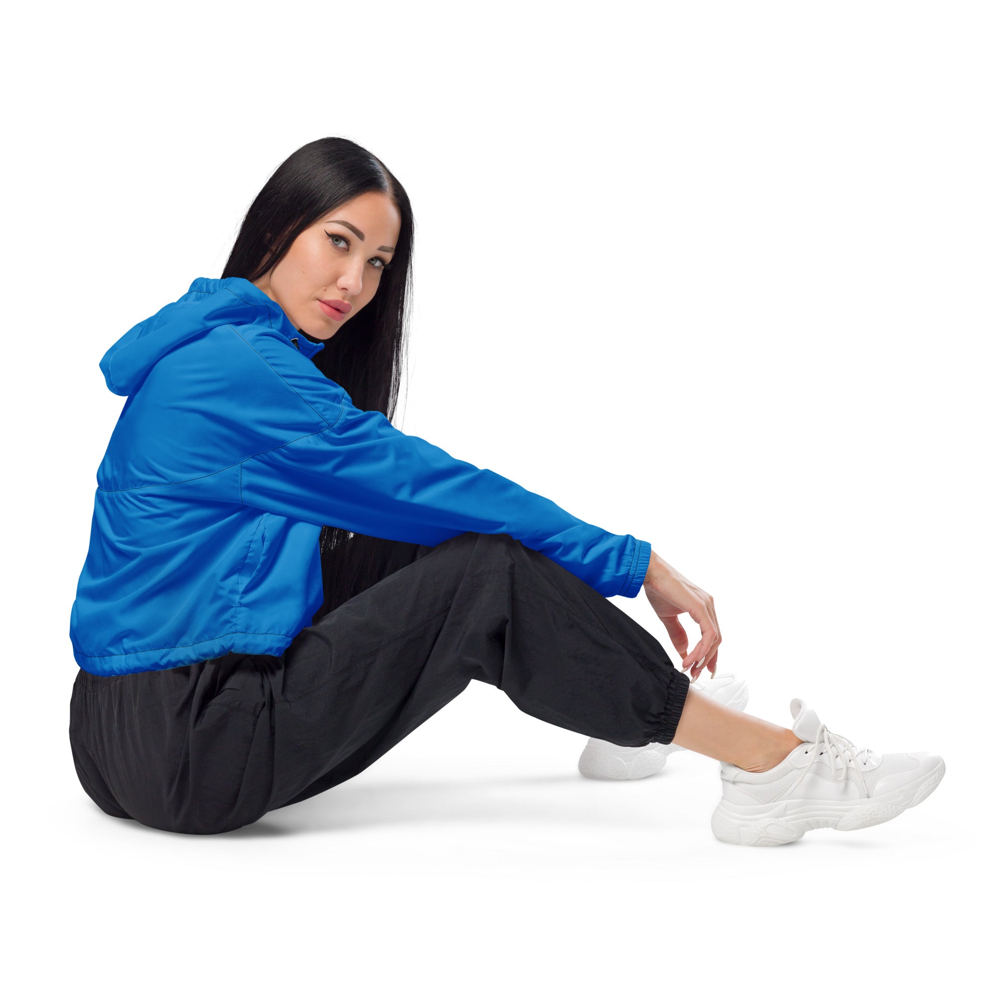 Women’s blue cropped windbreaker with adjustable hood lightweight water resistant design and subtle reflective sheen